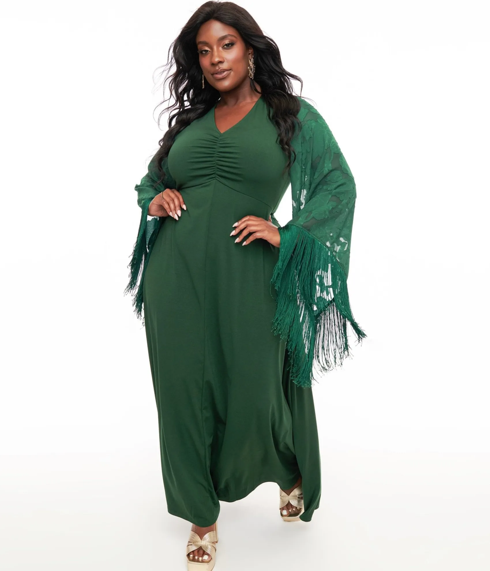 Unique Vintage Smak Parlour Plus Size 1970s Green Fringe Sleeve Maxi Dress Cheap