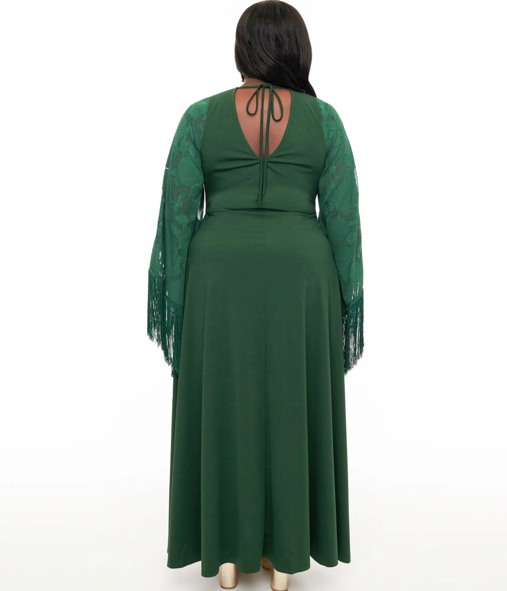Unique Vintage Smak Parlour Plus Size 1970s Green Fringe Sleeve Maxi Dress Cheap