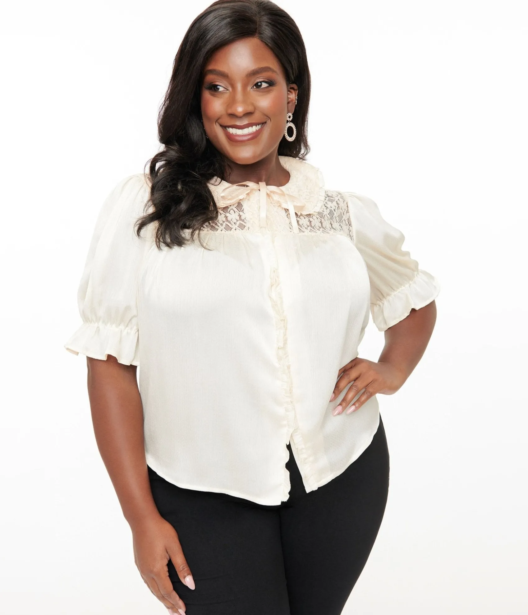 Unique Vintage Smak Parlour Plus Size 1960s Ivory Lace Puff Sleeve Blouse Outlet