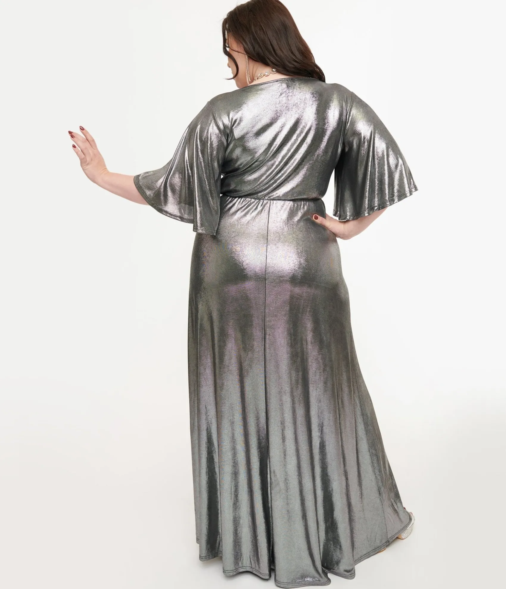 Unique Vintage Smak Parlour Plus Size 1970s Metallic Silver Cutout Maxi Dress Flash Sale