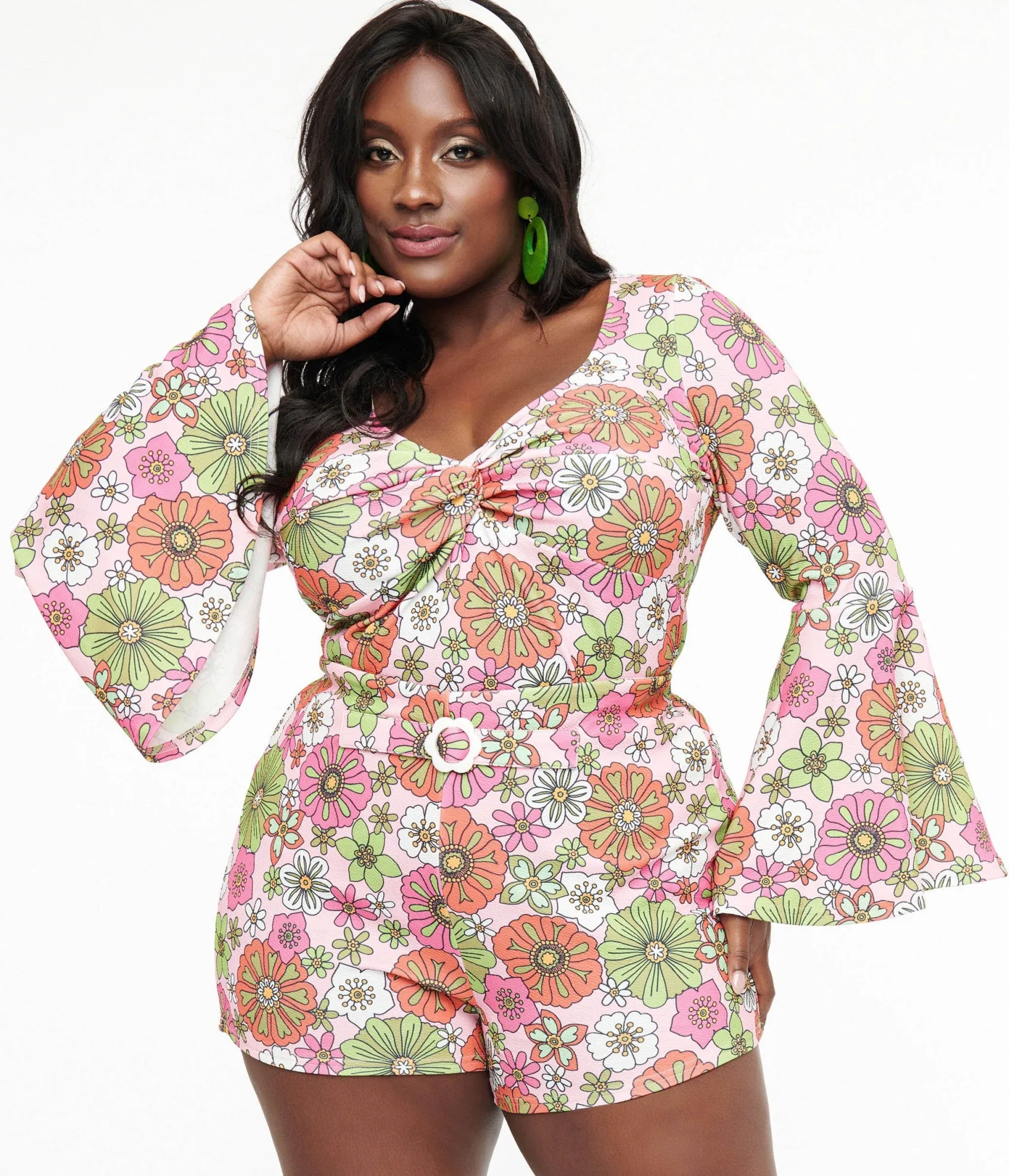 Unique Vintage Smak Parlour Plus Size 1960s Pink Retro Bloom Trumpet Sleeve Top Discount