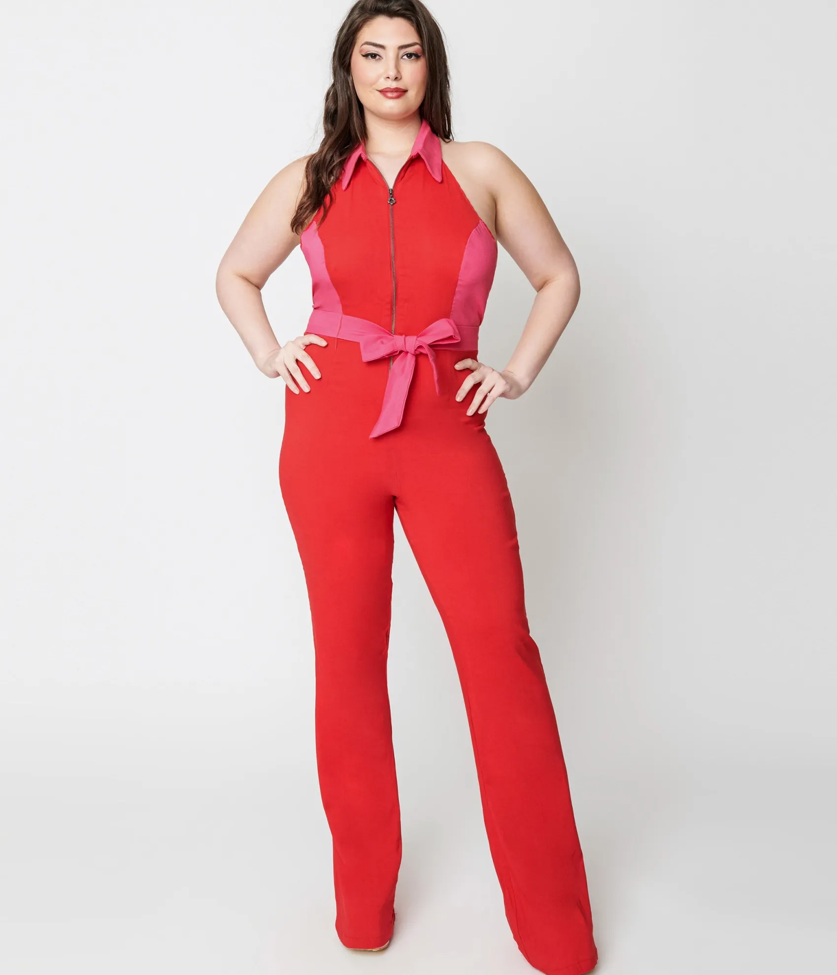 Unique Vintage Smak Parlour Plus Size 1970s Red & Pink Heart Pocket Front Zip Halter Jumpsuit Shop