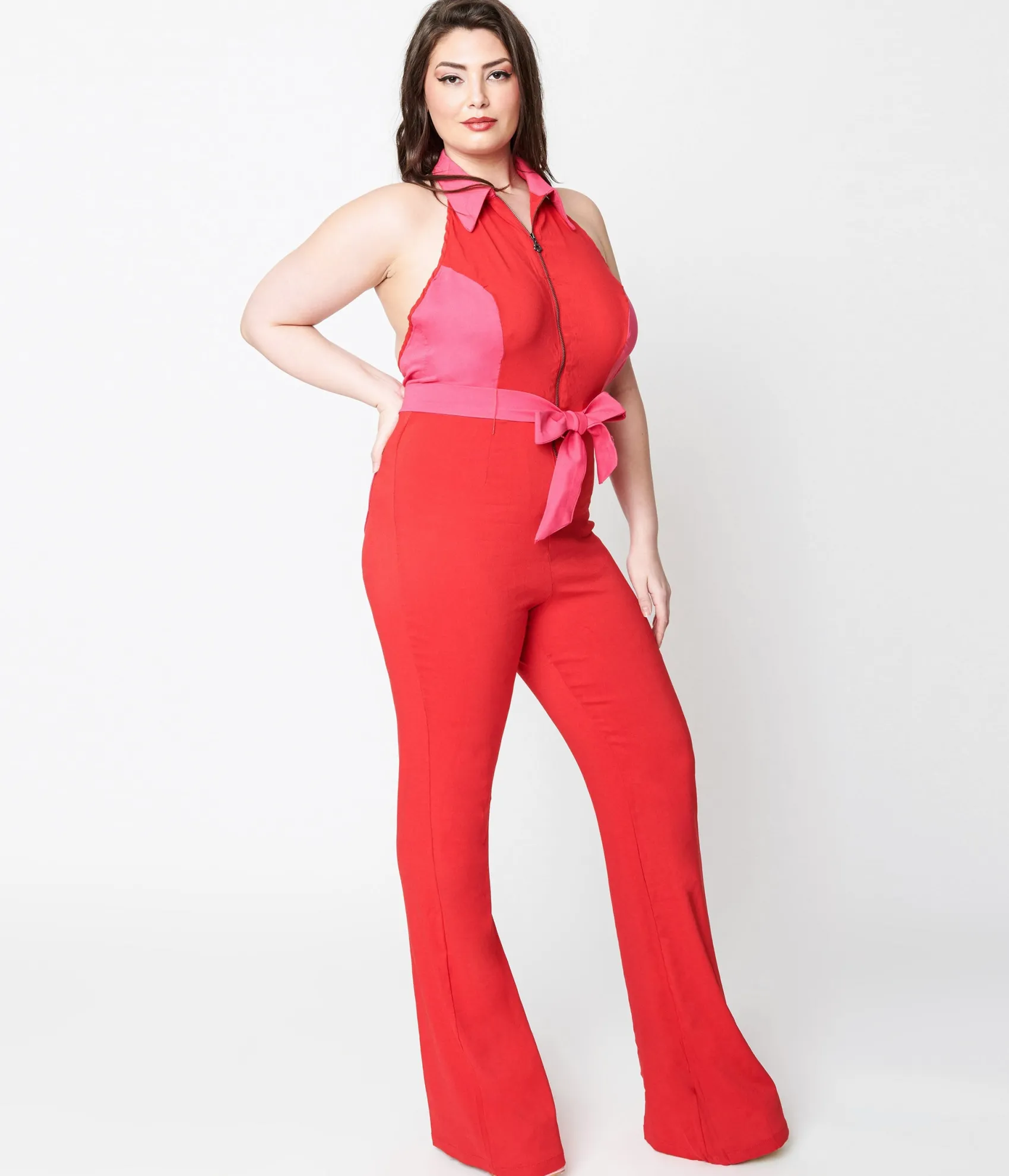Unique Vintage Smak Parlour Plus Size 1970s Red & Pink Heart Pocket Front Zip Halter Jumpsuit Shop
