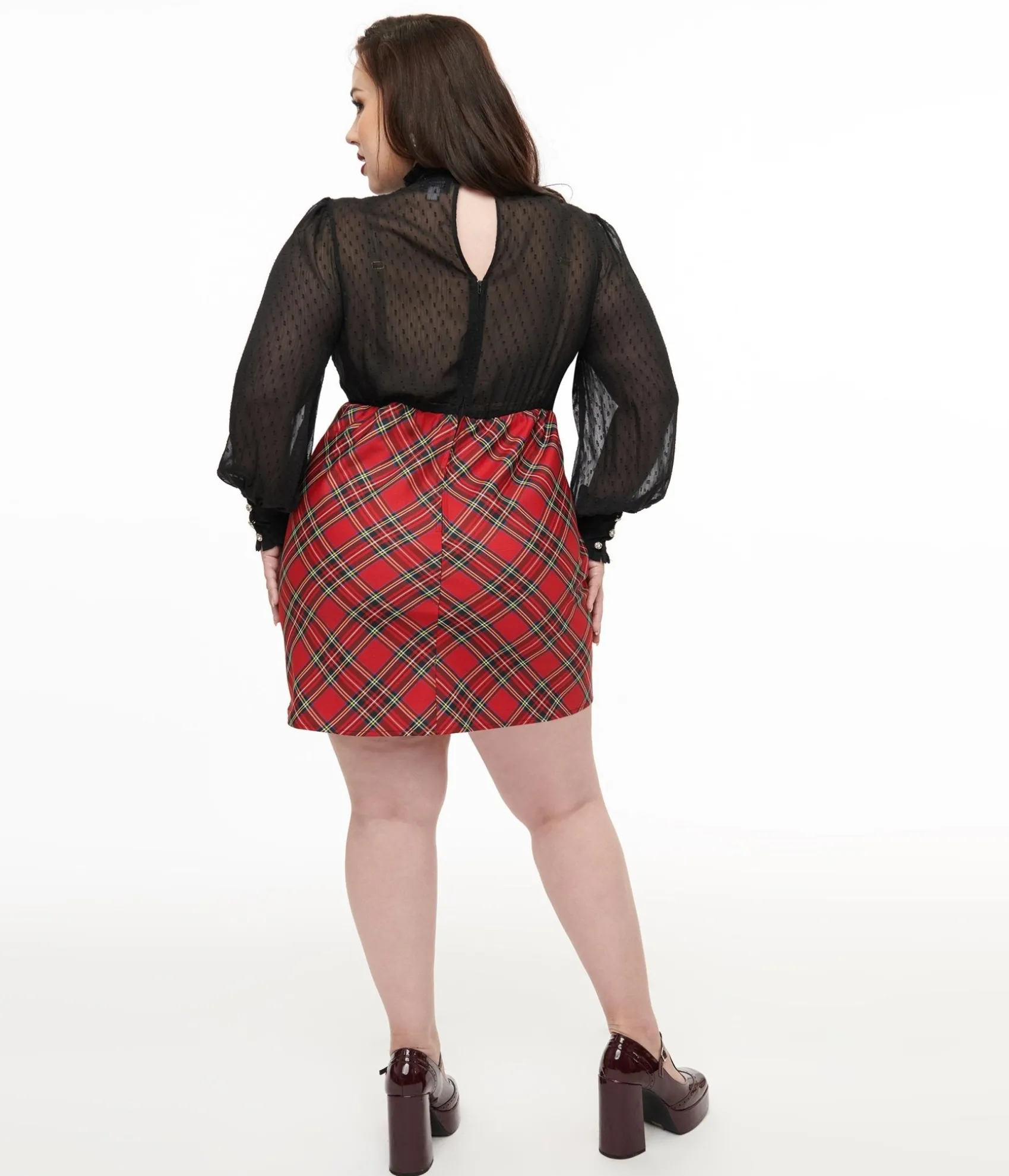 Unique Vintage Smak Parlour Plus Size 1960s Red Plaid & Black Ruffle Neck A-Line Dress Discount
