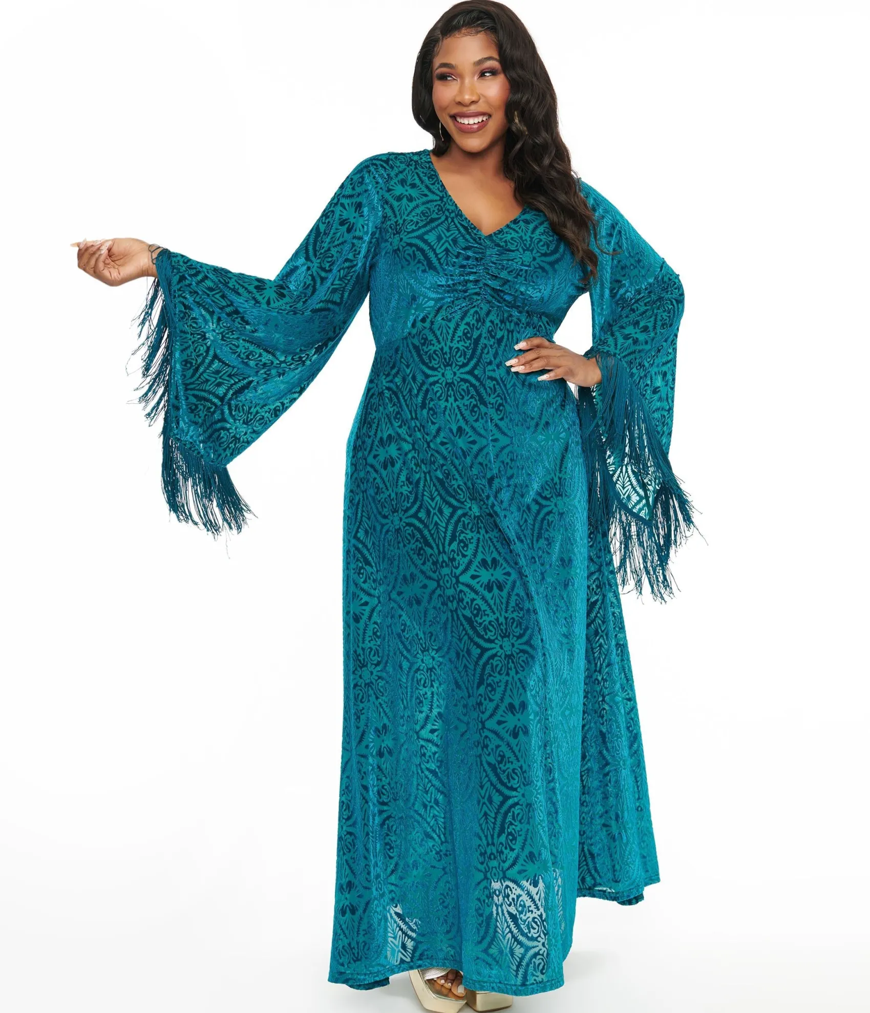 Unique Vintage Smak Parlour Plus Size 1970s Teal Floral Fringe Sleeve Maxi Dress Best Sale