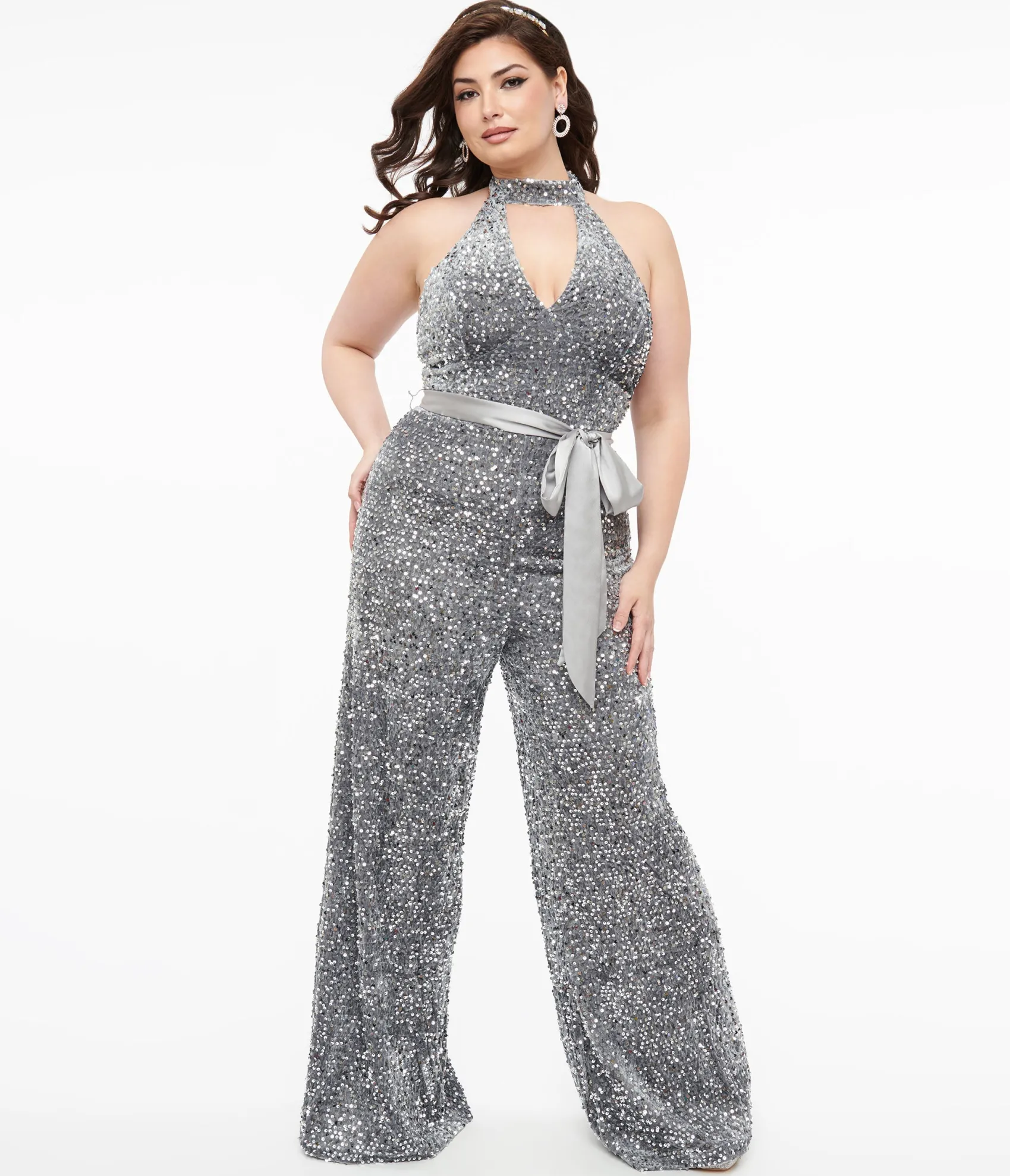 Unique Vintage Smak Parlour Plus Size Silver Sequin Glamour Goddess Jumpsuit Best