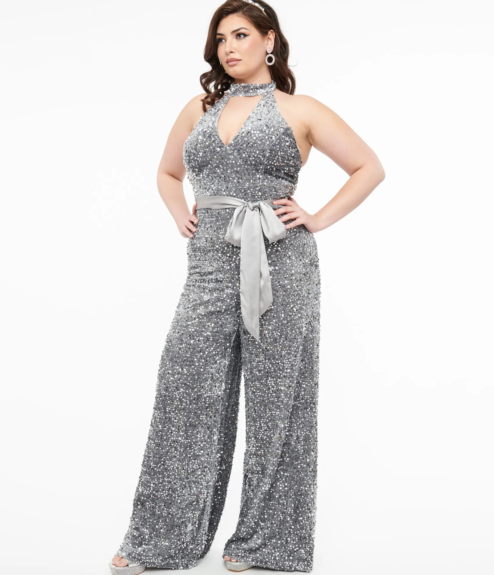 Unique Vintage Smak Parlour Plus Size Silver Sequin Glamour Goddess Jumpsuit Best