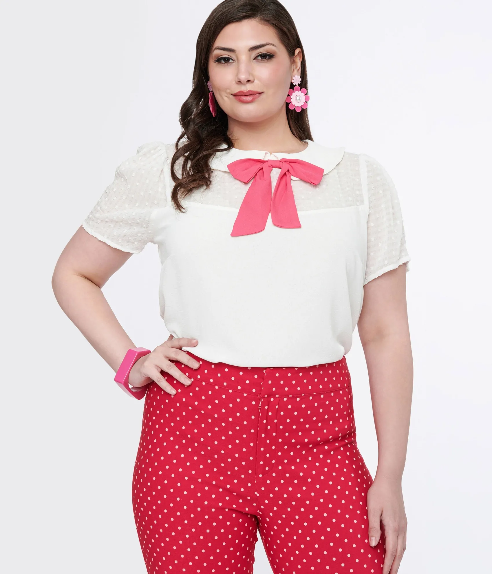 Unique Vintage Smak Parlour Plus Size White & Pink Collared Bow Blouse Outlet