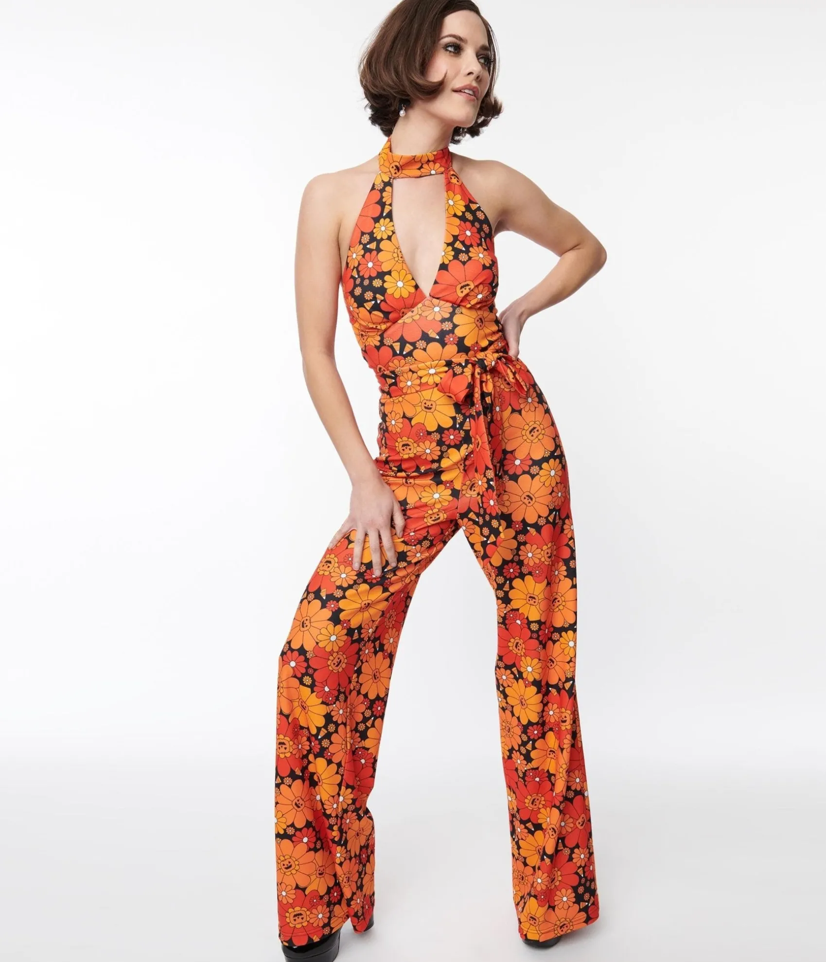 Unique Vintage Smak Parlour Pumpkin Mod Floral Glamour Goddess Jumpsuit Clearance