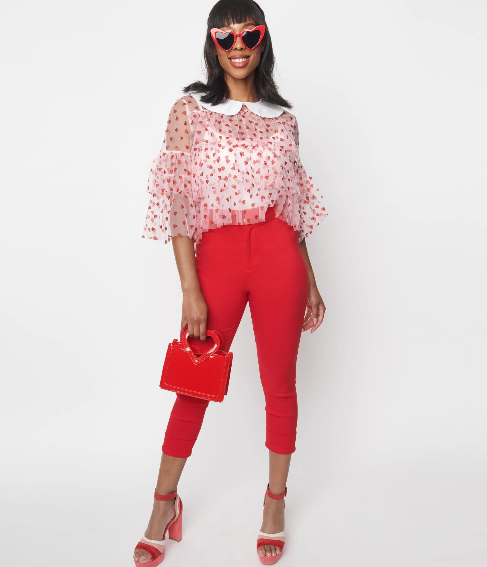 Unique Vintage Smak Parlour Red & Polka Dot Heart Pocket Smarty Pants Capri Cheap