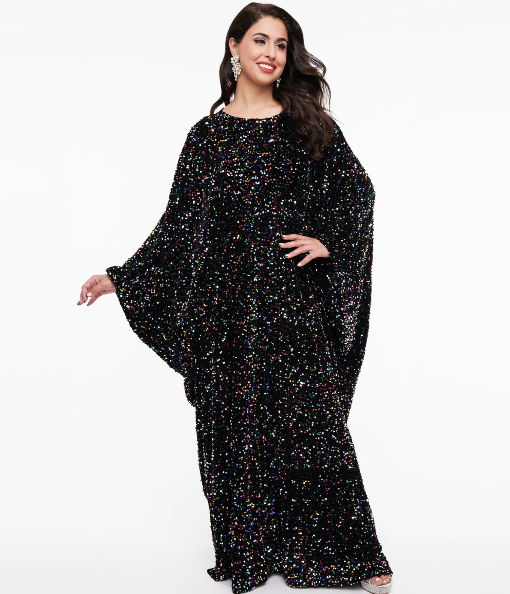 Unique Vintage Smak Parlour 1970s Black & Multicolor Sequin Batwing Caftan Cheap