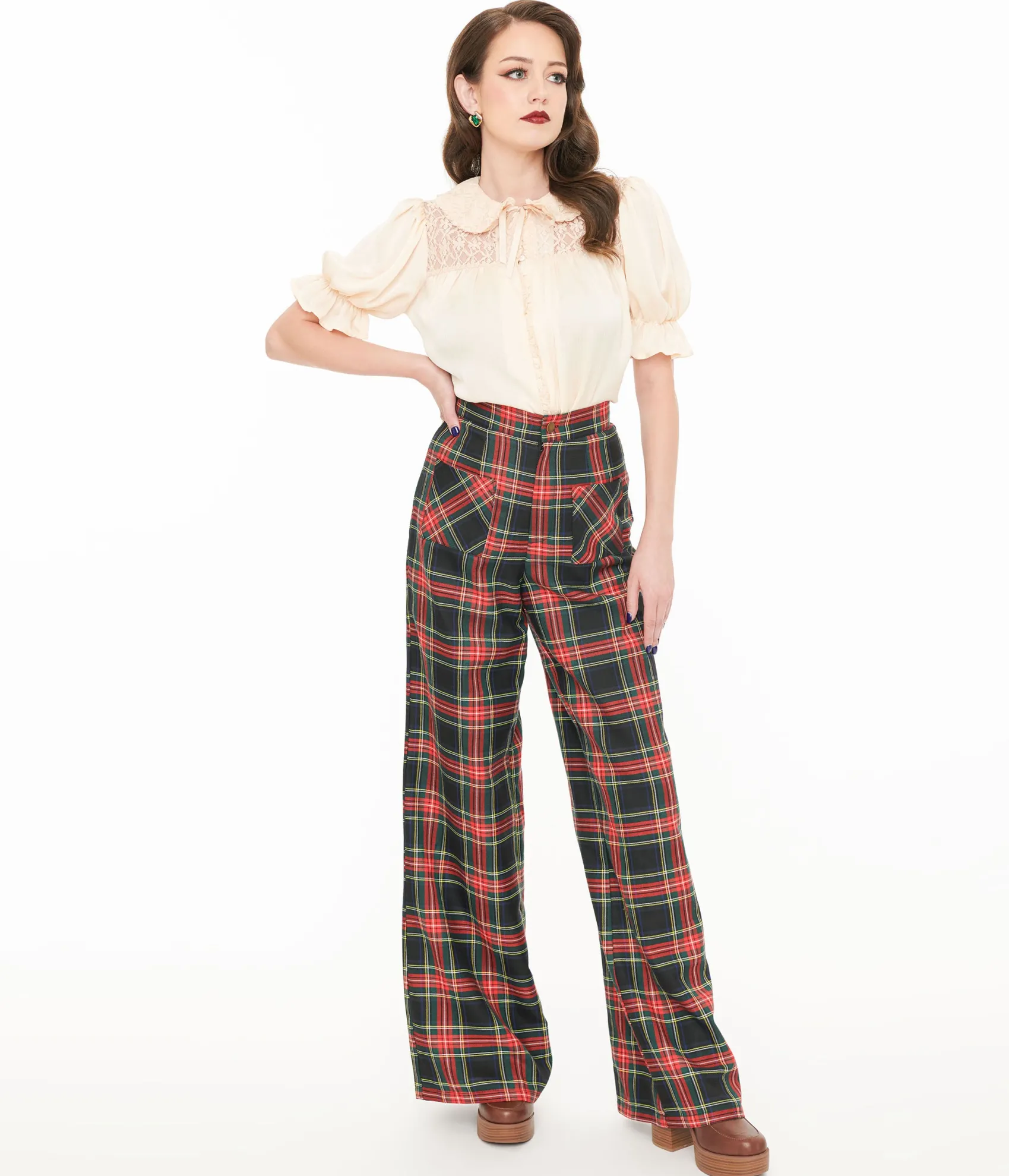 Unique Vintage Smak Parlour 1960s Black & Red Plaid Wide Leg Trousers Clearance