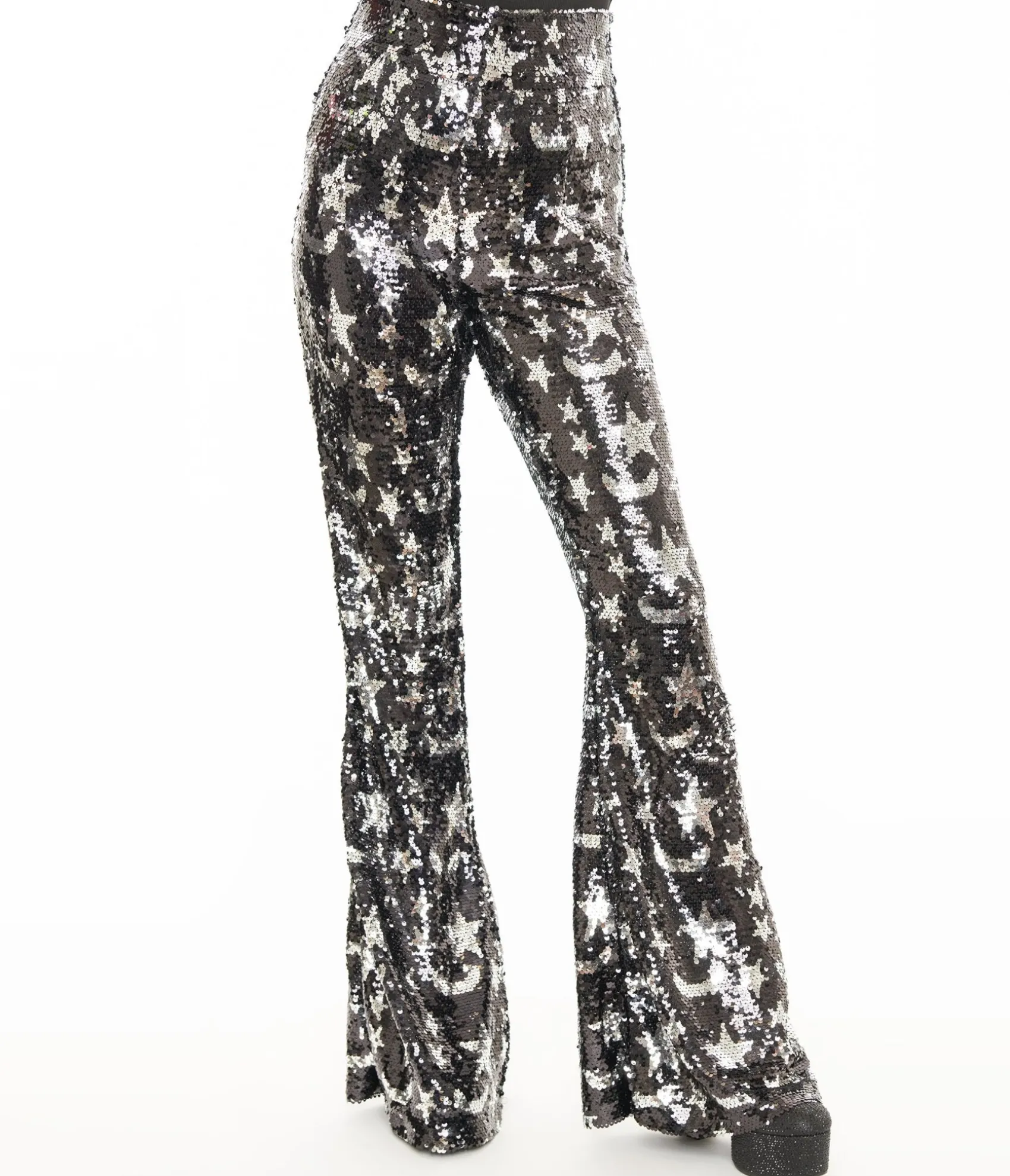 Unique Vintage Smak Parlour 1960s Black & Silver Star Sequin High Waist Flare Pants Hot