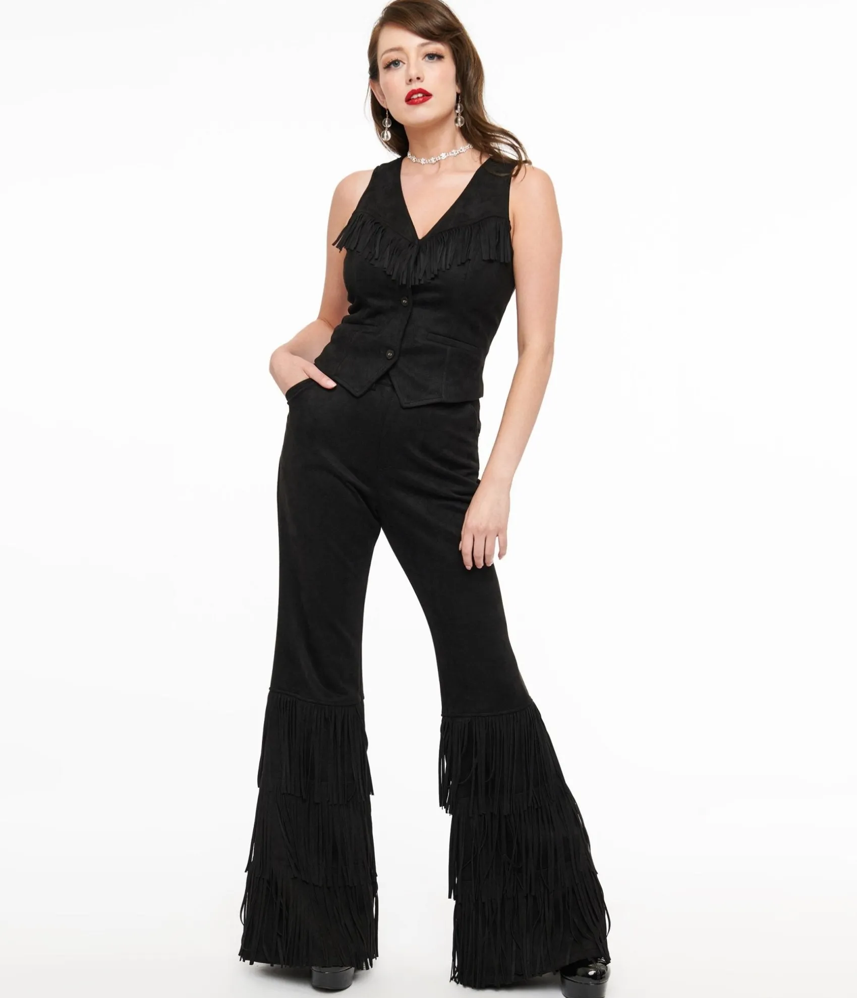 Unique Vintage Smak Parlour 1970s Black Suede Tassel Flare Pants Sale