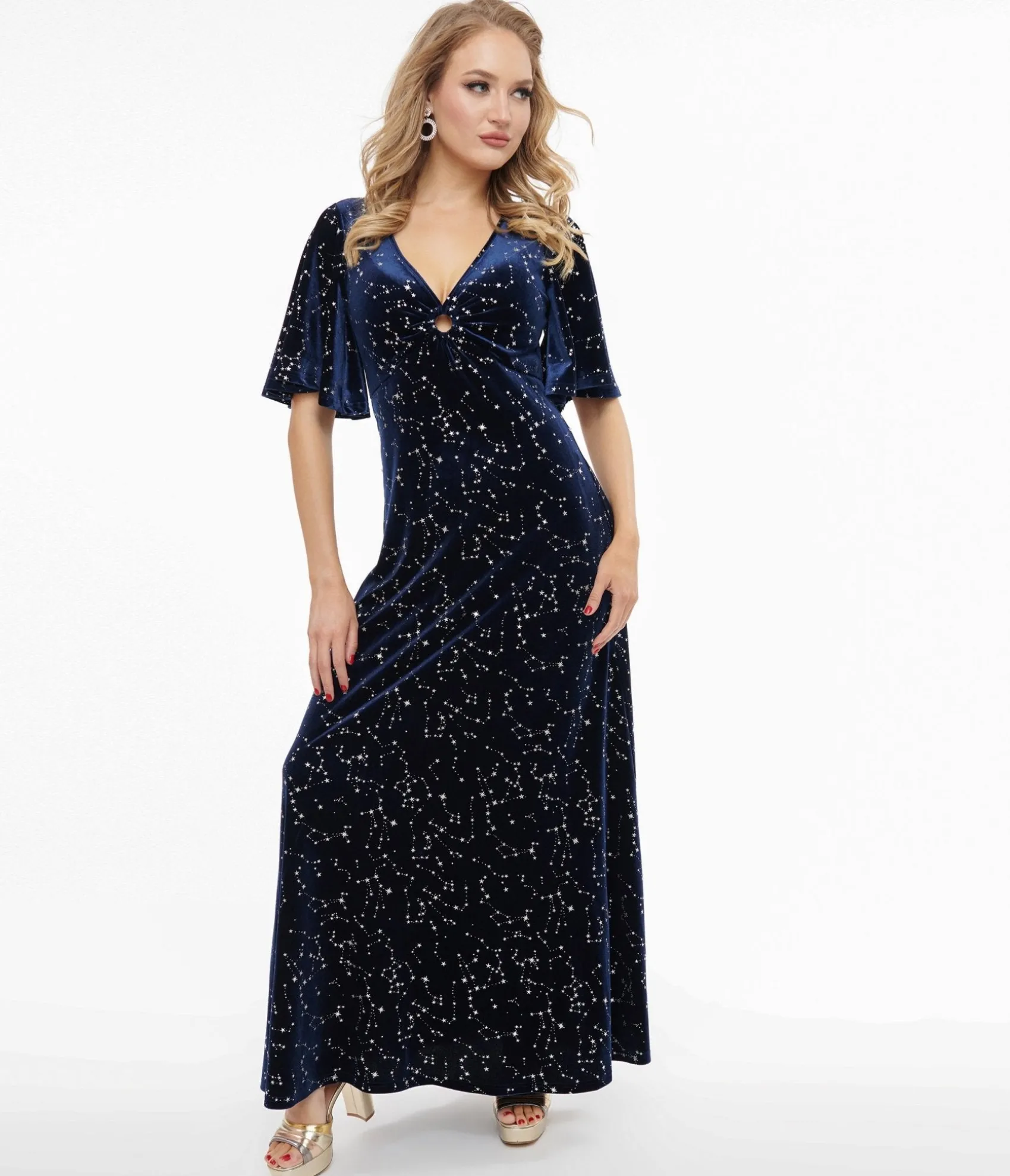 Unique Vintage Smak Parlour 1970s Blue Velvet Silver Stars Cutout Maxi Dress Online