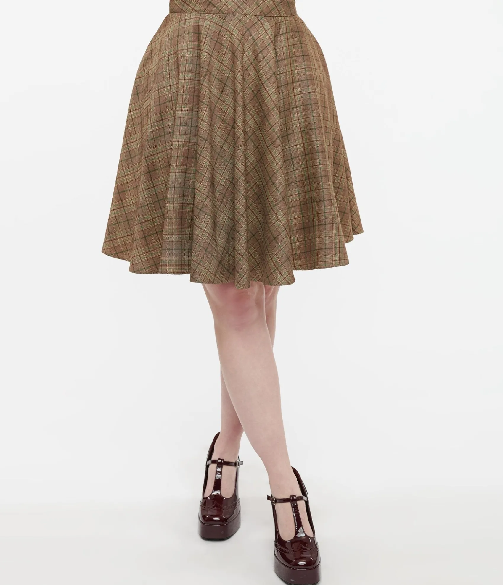 Unique Vintage Smak Parlour 1960s Brown & Green Plaid Scene Flare Skirt Best