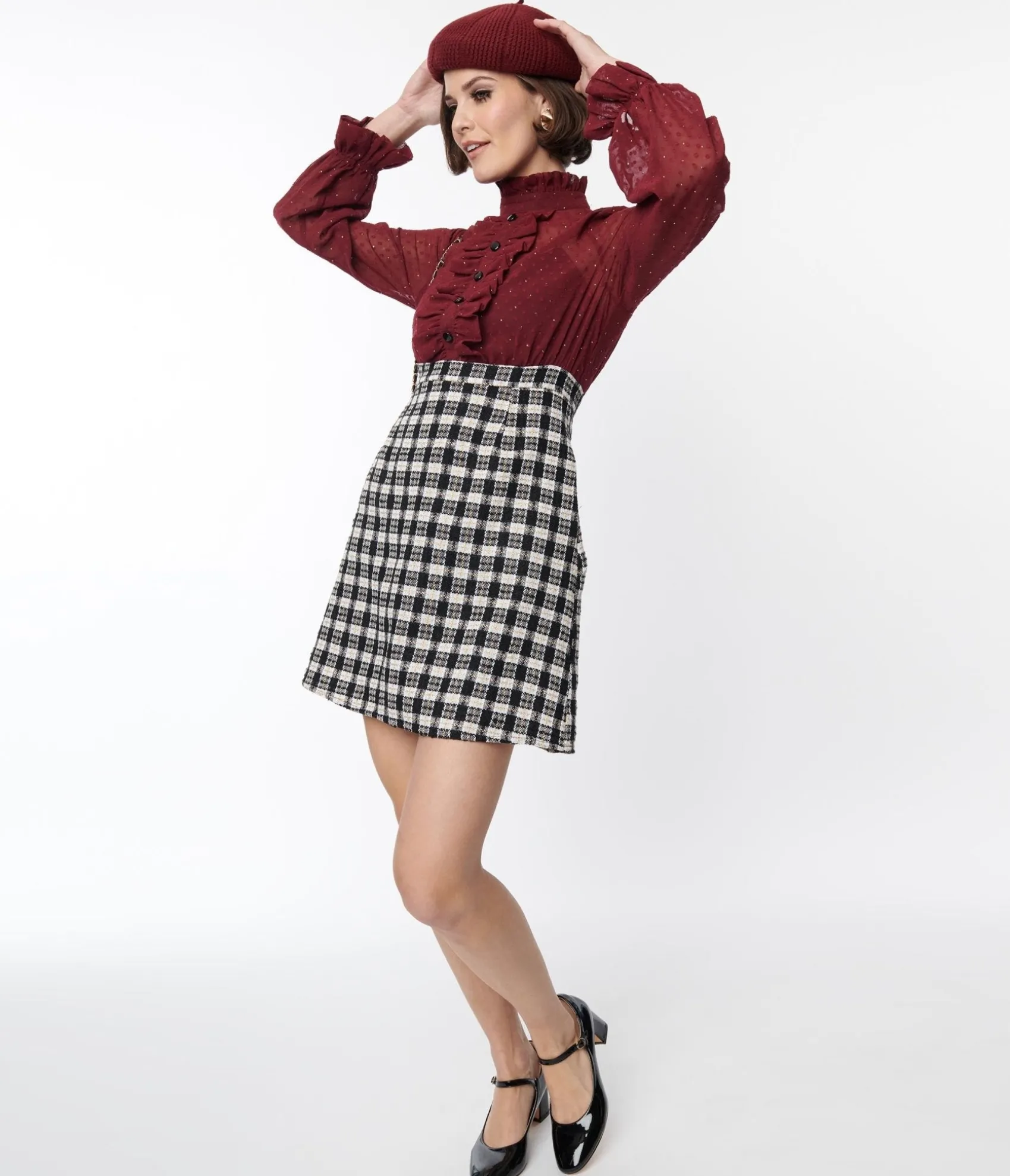 Unique Vintage Smak Parlour 1960s Burgundy & Plaid Ruffle Neck Empire A-Line Dress Shop