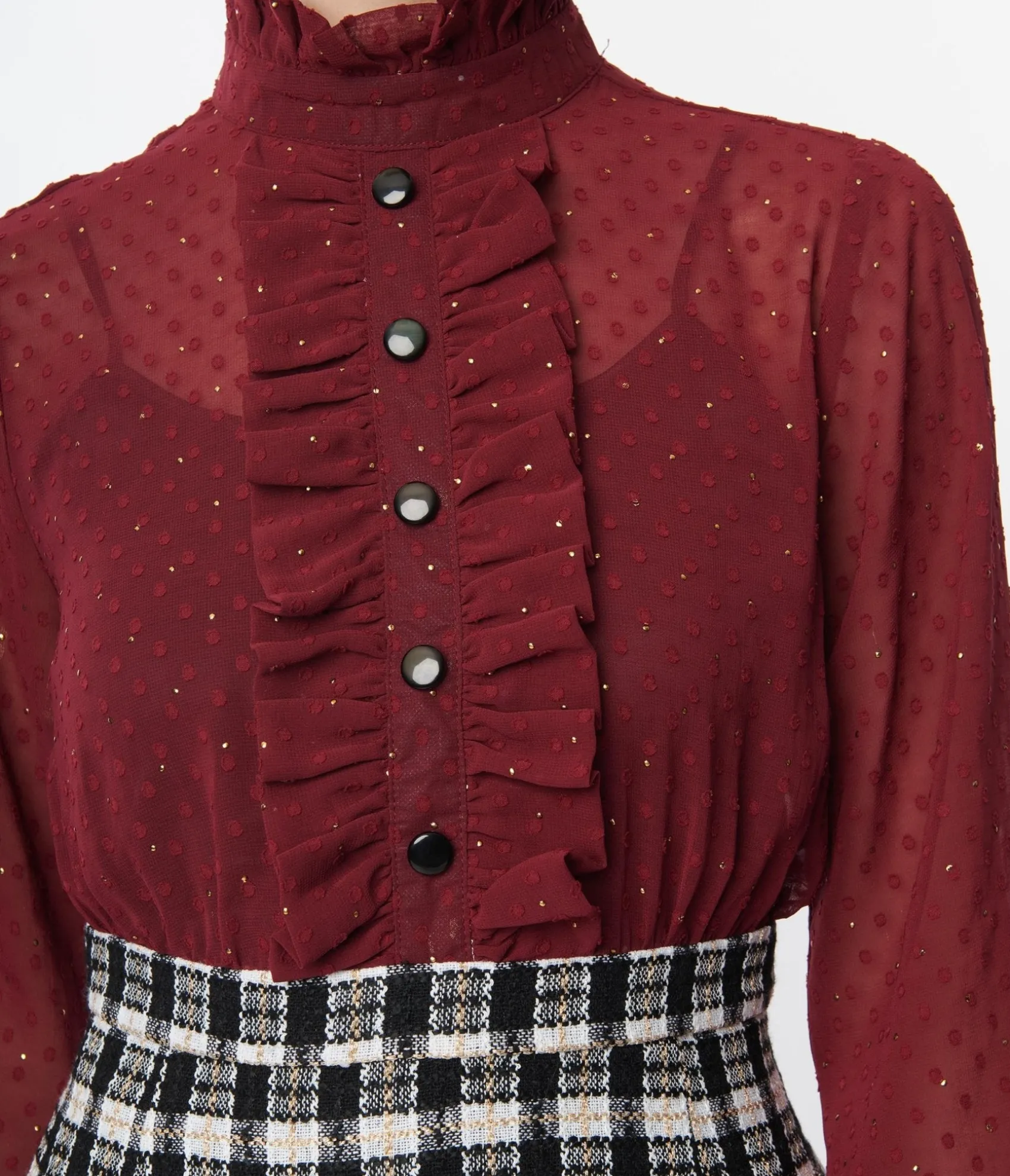 Unique Vintage Smak Parlour 1960s Burgundy & Plaid Ruffle Neck Empire A-Line Dress Shop