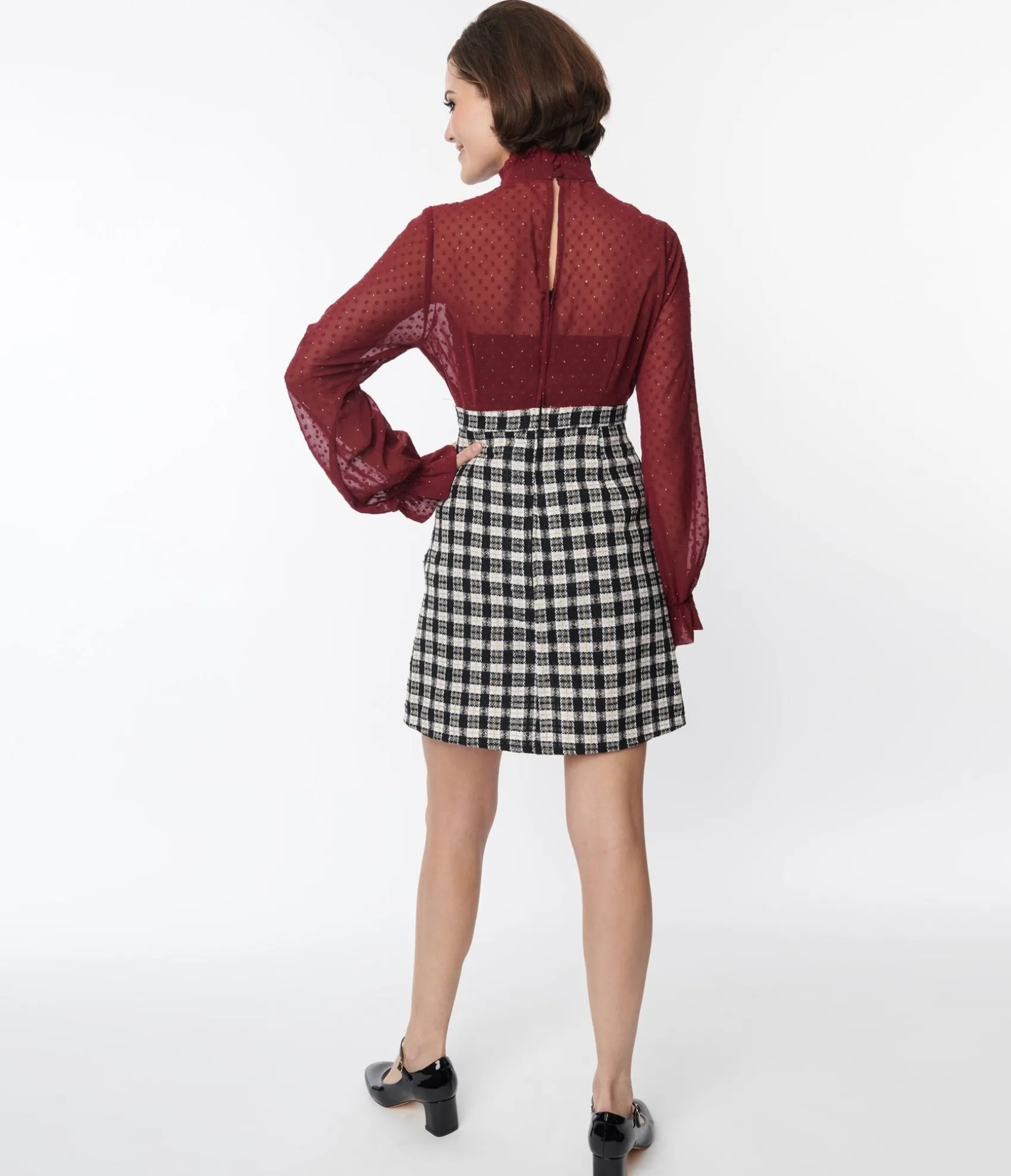 Unique Vintage Smak Parlour 1960s Burgundy & Plaid Ruffle Neck Empire A-Line Dress Shop