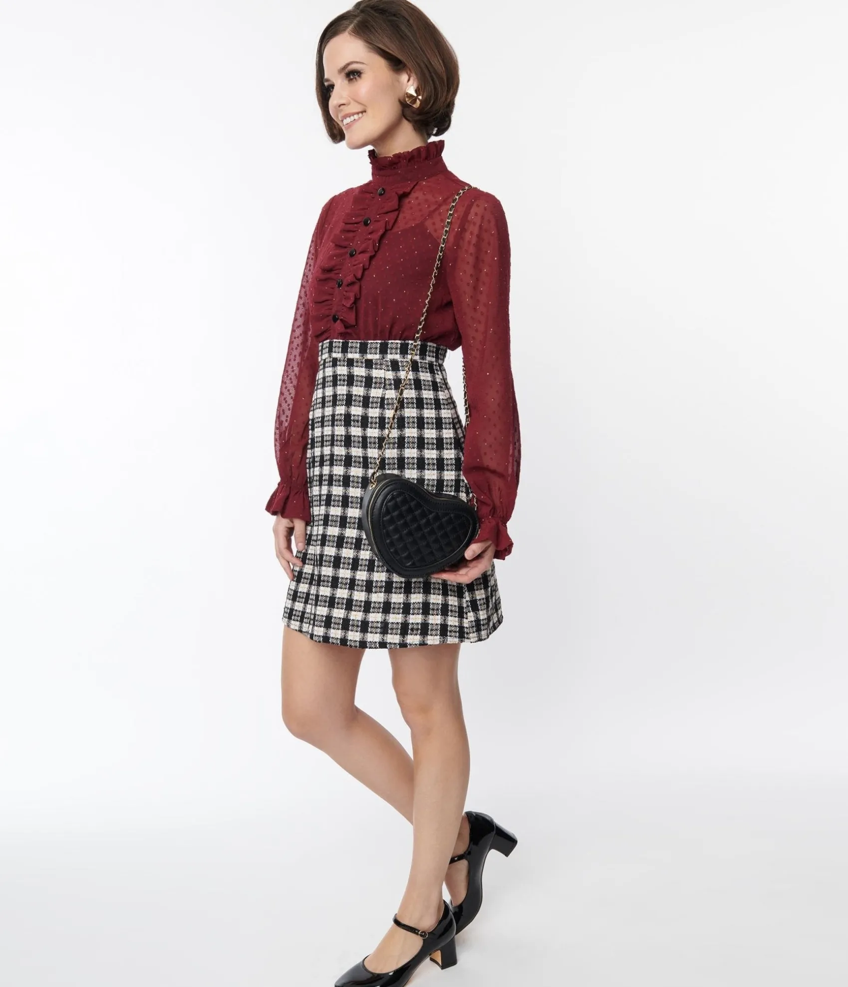 Unique Vintage Smak Parlour 1960s Burgundy & Plaid Ruffle Neck Empire A-Line Dress Shop
