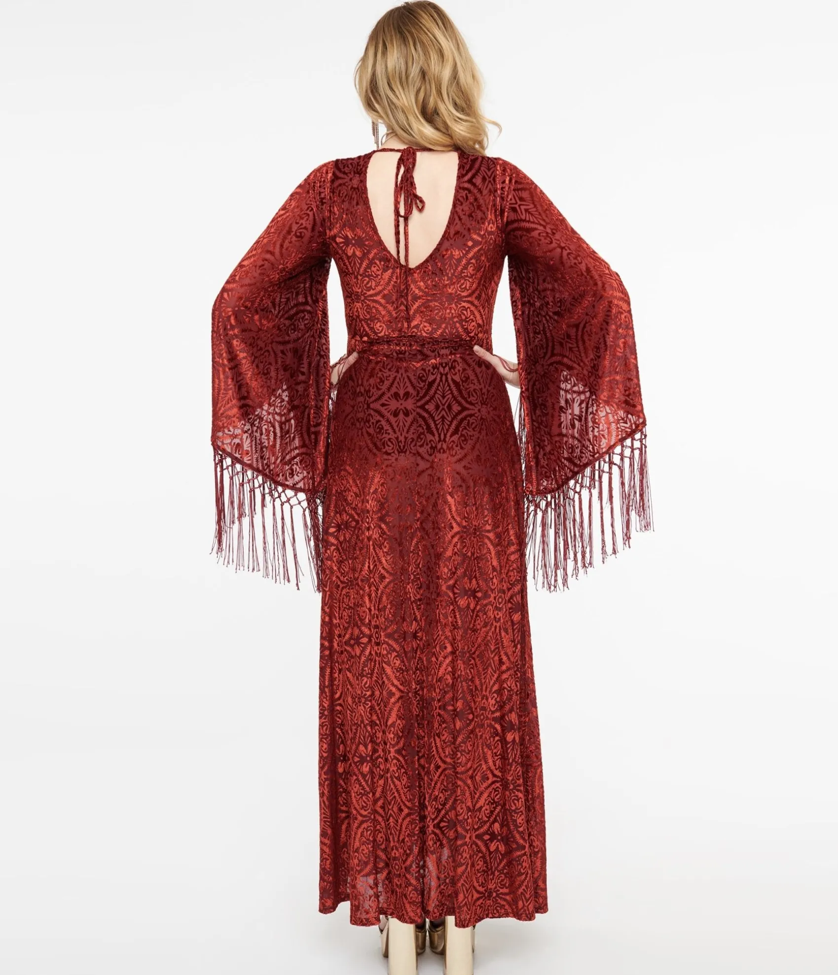 Unique Vintage Smak Parlour 1970s Burgundy Velvet Burnout Fringe Sleeve Maxi Dress Discount