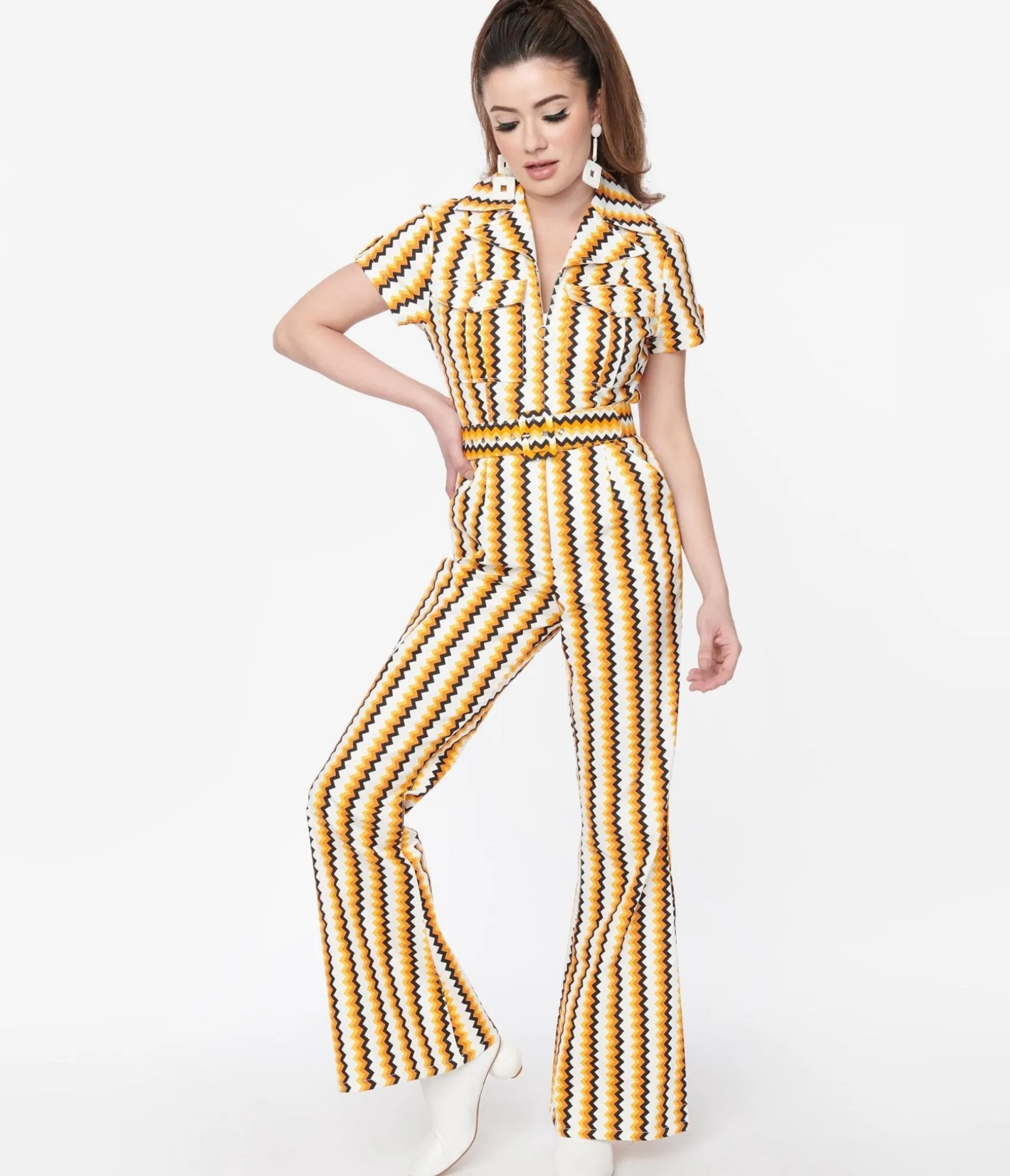 Unique Vintage Smak Parlour 1970s Candy Corn Zig Zag Stripe Flare Jumpsuit Best Sale