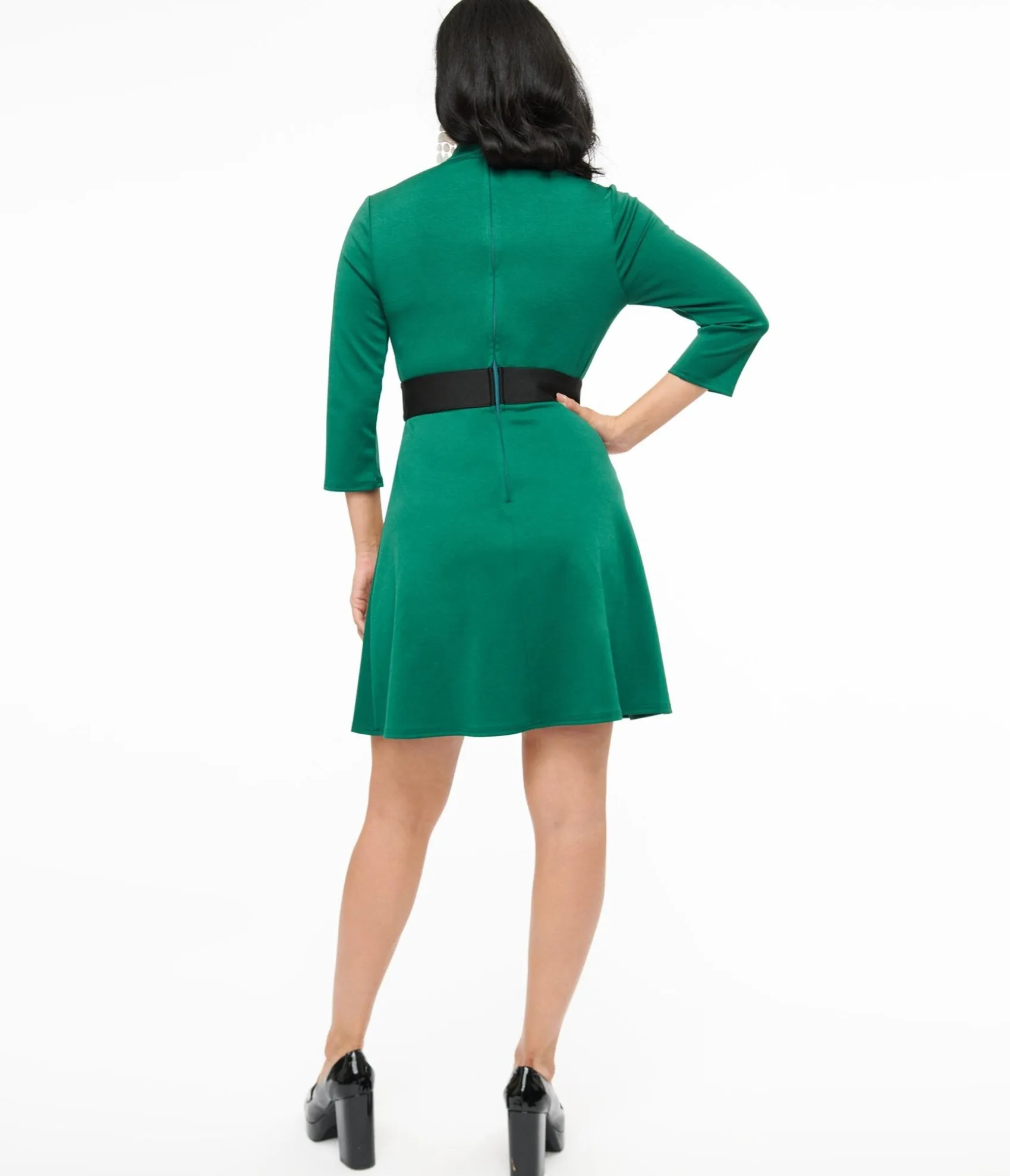 Unique Vintage Smak Parlour 1960s Emerald & Black Belted A-Line Dress Store