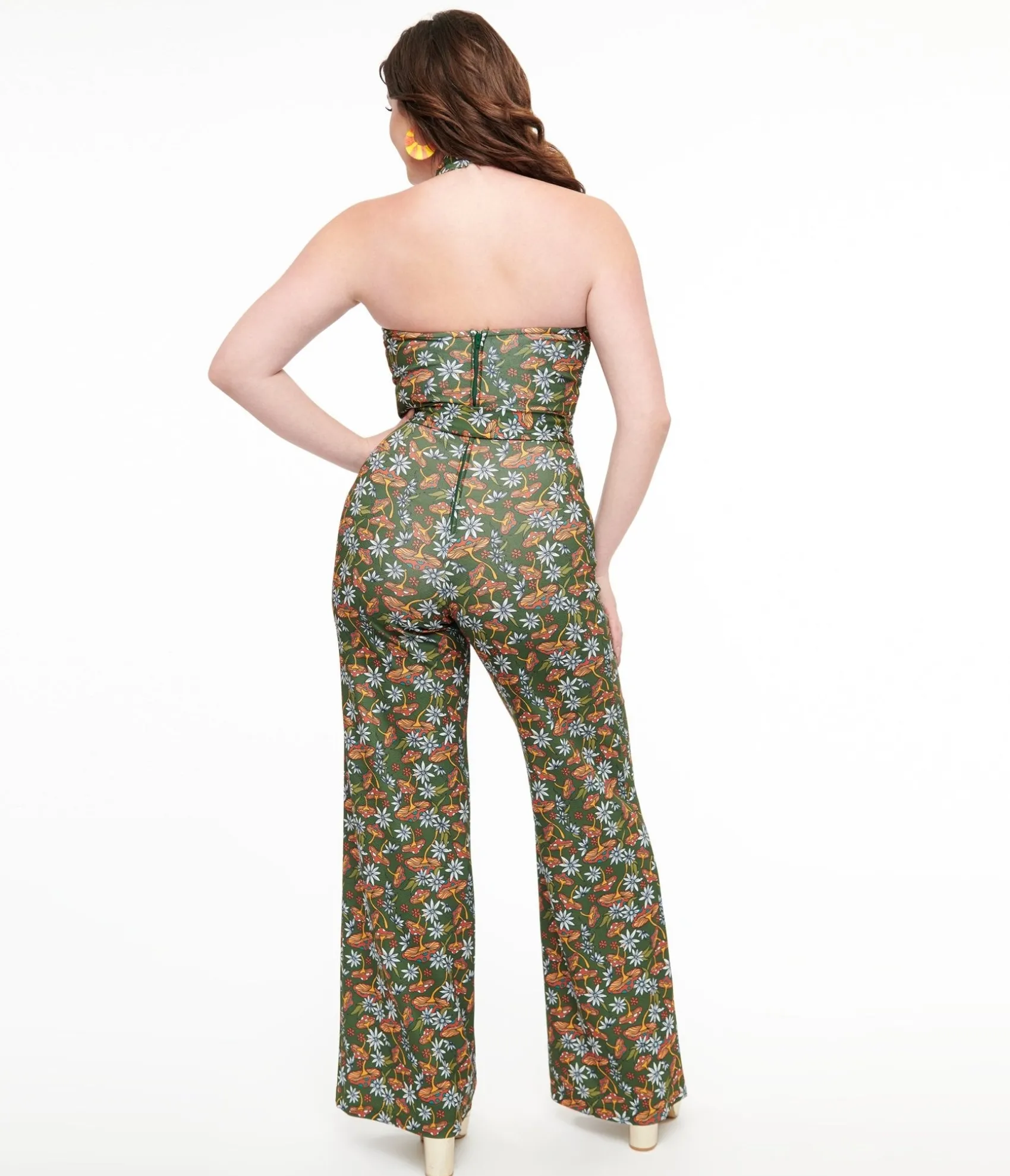 Unique Vintage Smak Parlour 1960s Green & Orange Mushroom Glamour Goddess Jumpsuit Sale