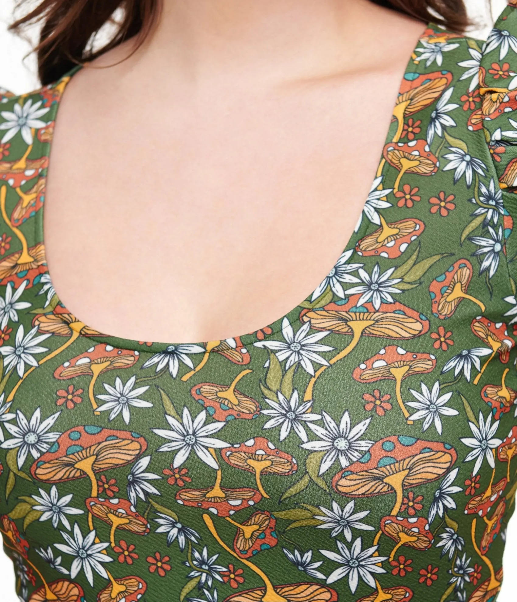 Unique Vintage Smak Parlour 1960s Green & Orange Mushroom Group Chat Flare Dress Shop