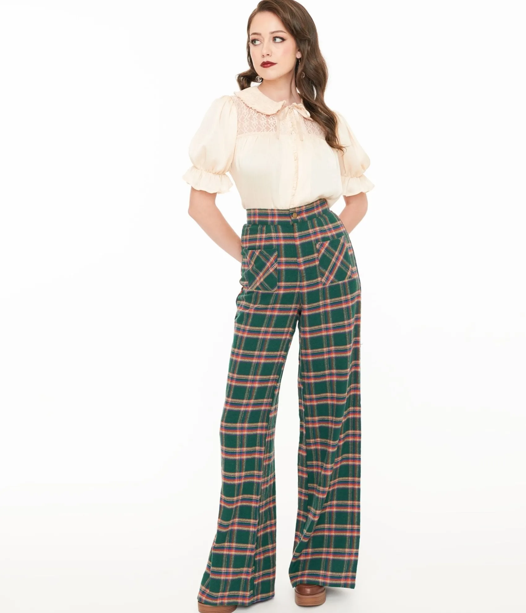 Unique Vintage Smak Parlour 1960s Green & Red Plaid Wide Leg Trousers Best Sale