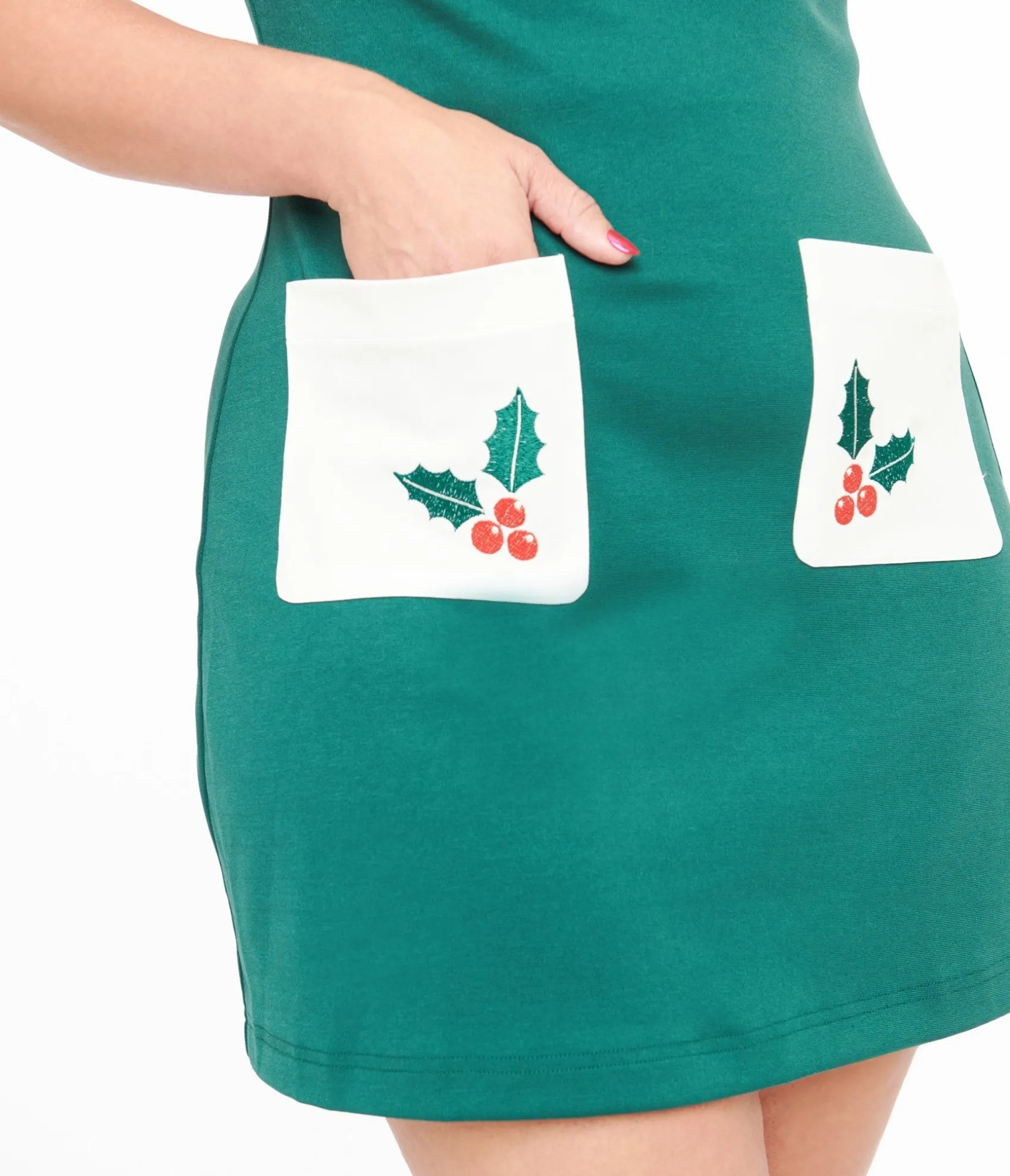 Unique Vintage Smak Parlour 1960s Green & White Mistletoe Pocket Shift Dress Store