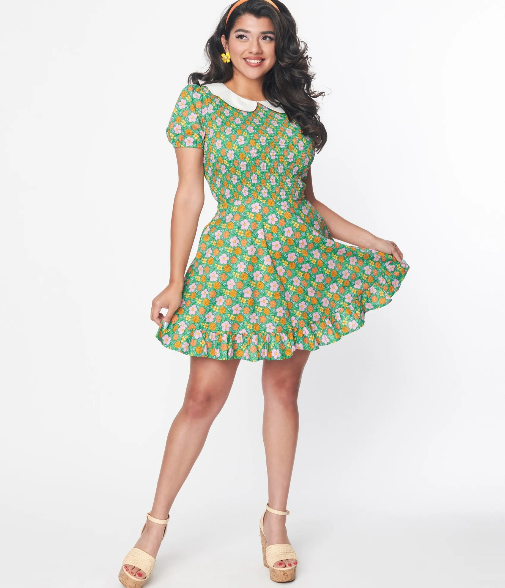 Unique Vintage Smak Parlour 1960s Green Floral Smocked Fit & Flare Dress Discount