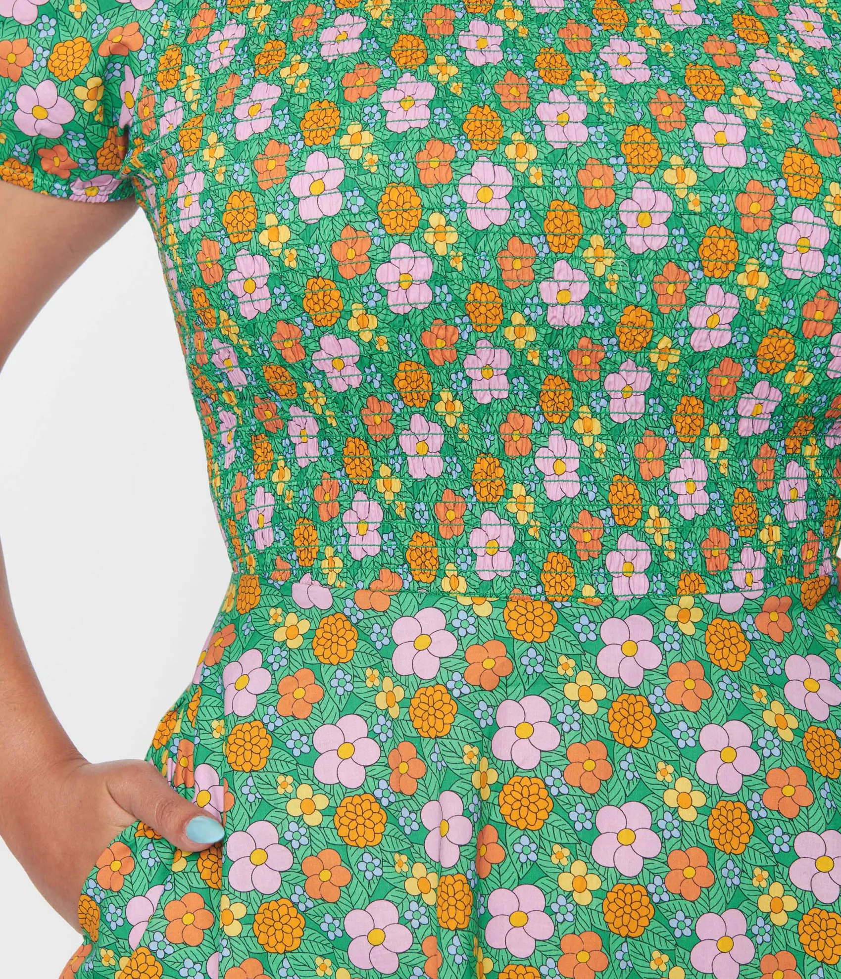 Unique Vintage Smak Parlour 1960s Green Floral Smocked Fit & Flare Dress Discount