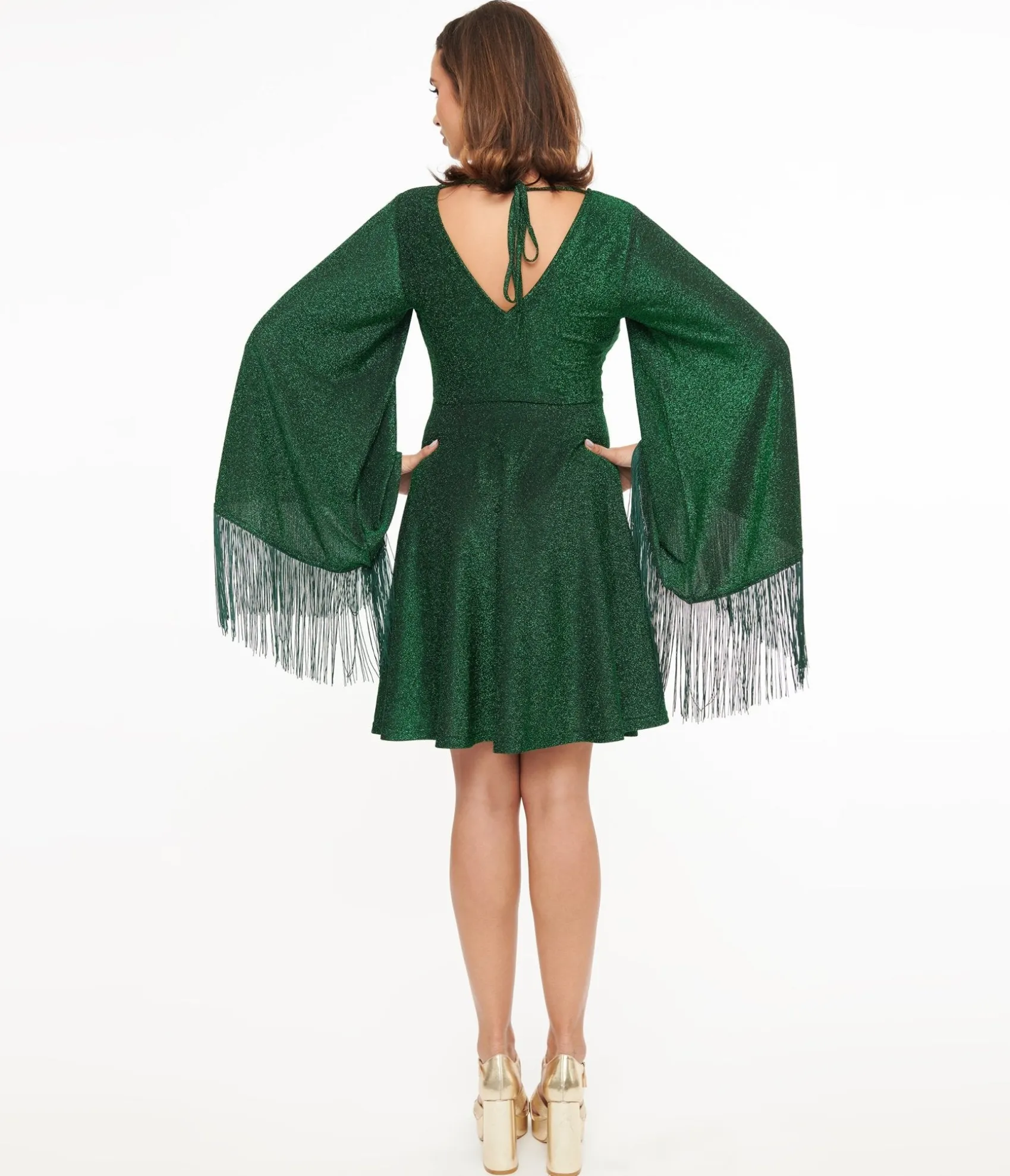 Unique Vintage Smak Parlour 1970s Green Sparkle & Fringe Bell Sleeves Dress Flash Sale