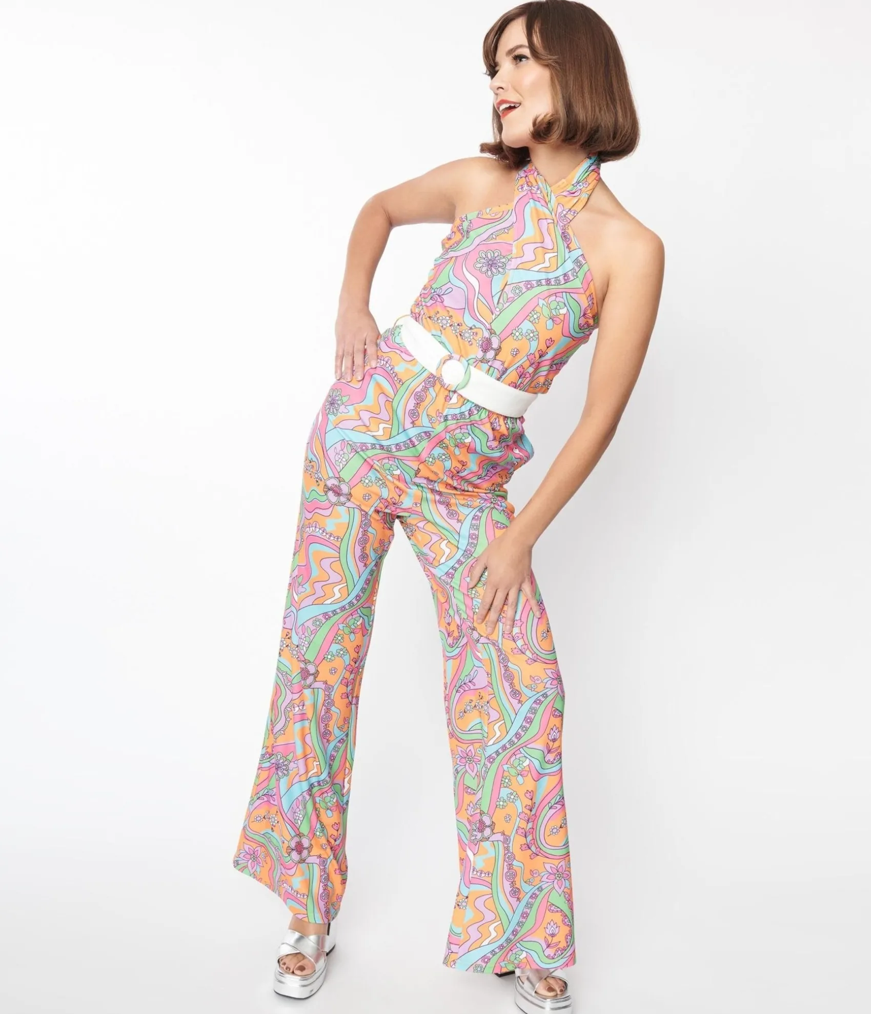 Unique Vintage Smak Parlour 1970s Orange Wavy Daisy Psychedelic Draped Darling Jumpsuit Best Sale