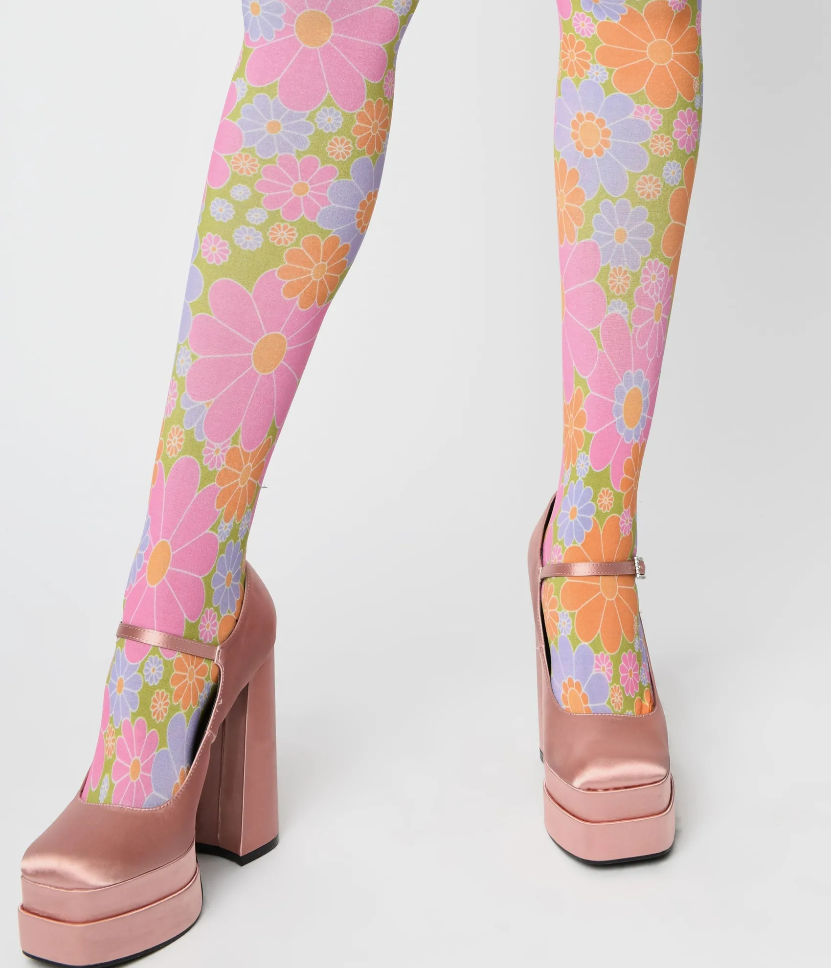 Unique Vintage Smak Parlour 1960s Pink & Green Flower Power Tights Flash Sale