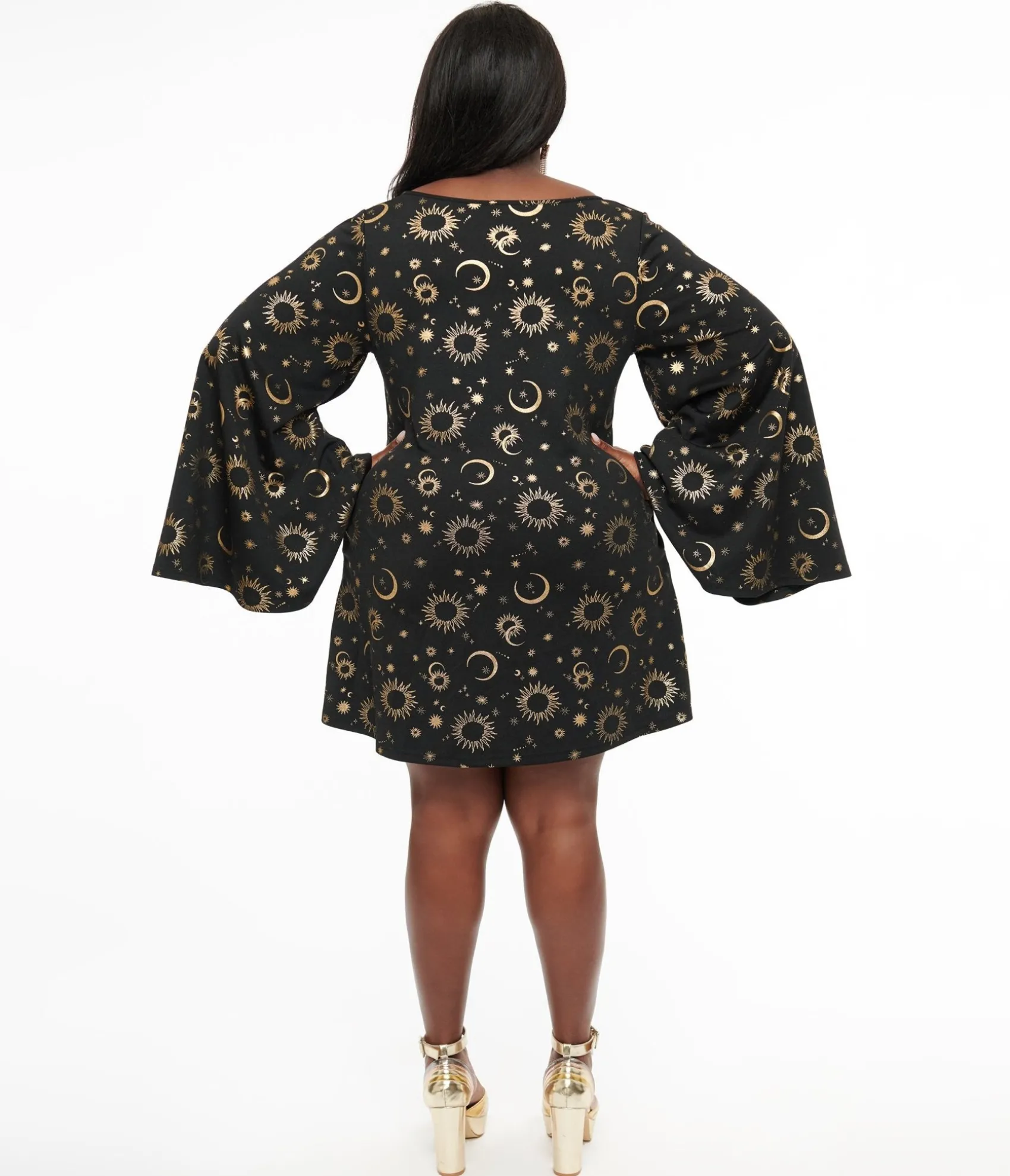 Unique Vintage Smak Parlour 1960s Plus Size Black & Gold Celestial Print Mini Dress Hot