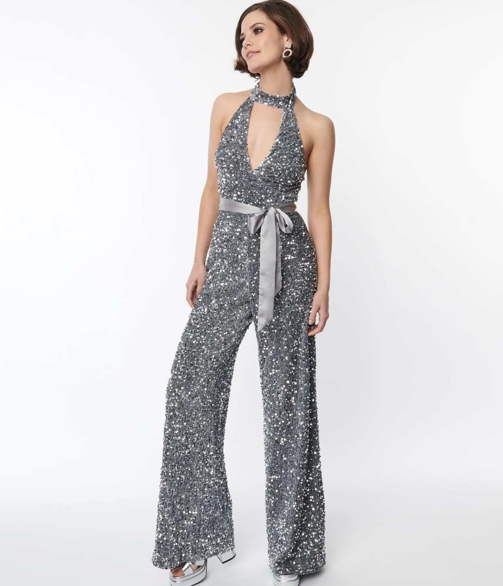 Unique Vintage Smak Parlour Silver Sequin Glamour Goddess Jumpsuit Shop