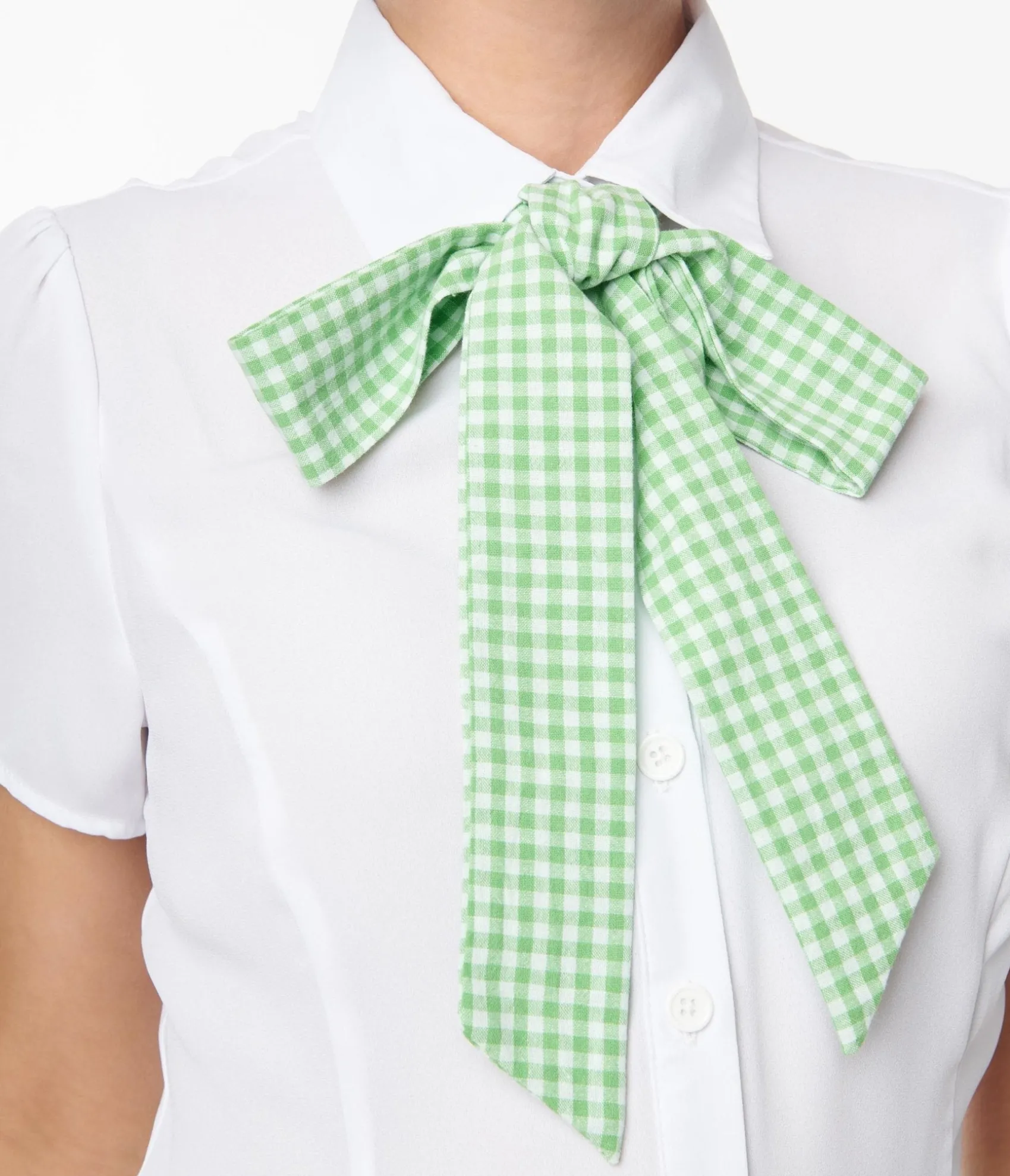 Unique Vintage Smak Parlour White & Green Gingham Chiffon Power Play Blouse Flash Sale