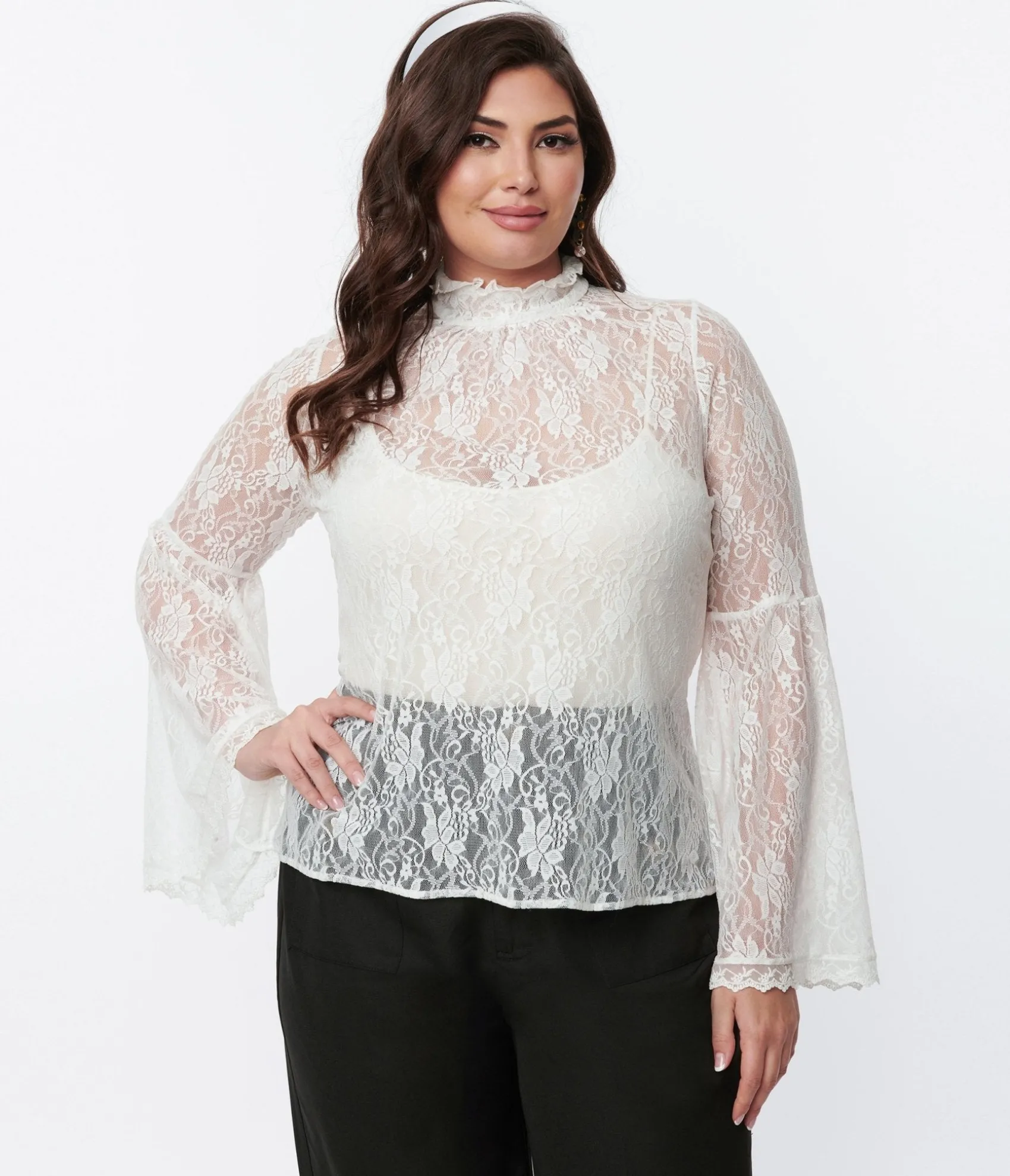 Unique Vintage Smak Parlour White Lace Bell Sleeve Blouse Cheap