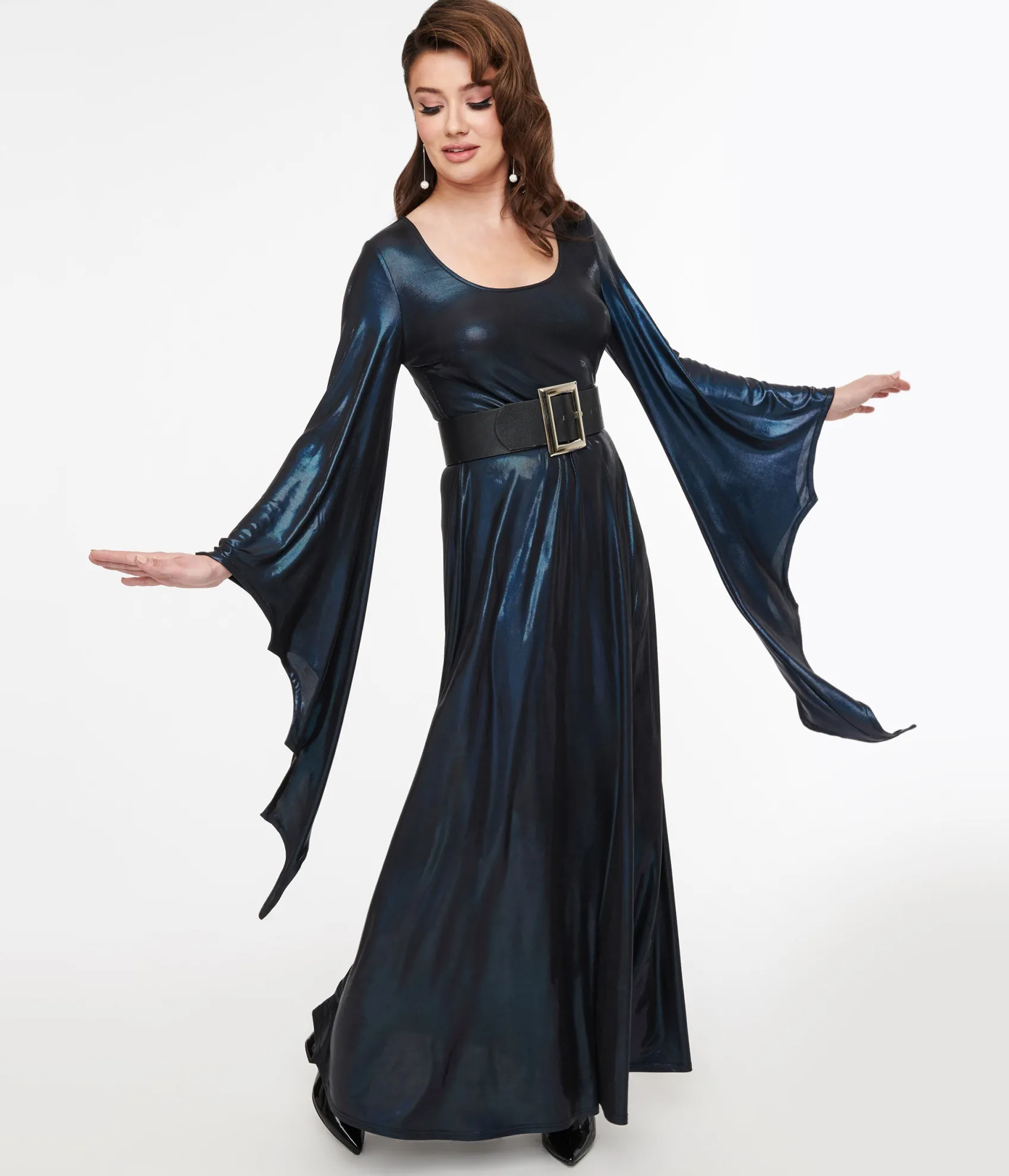 Unique Vintage Smak Parlour Y2K Iridescent Dark Blue Bat Wing Sleeve Maxi Dress Outlet