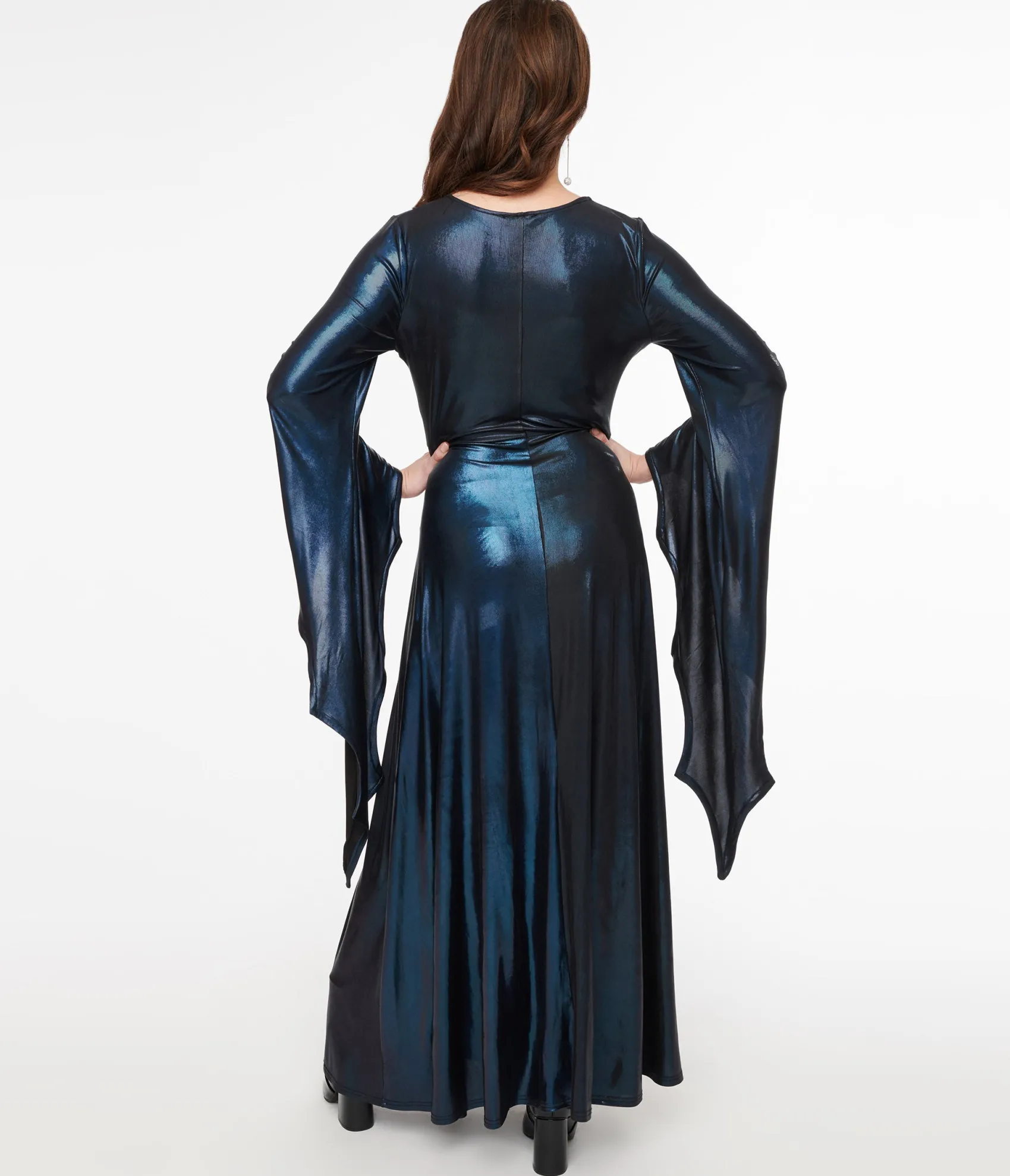 Unique Vintage Smak Parlour Y2K Iridescent Dark Blue Bat Wing Sleeve Maxi Dress Outlet