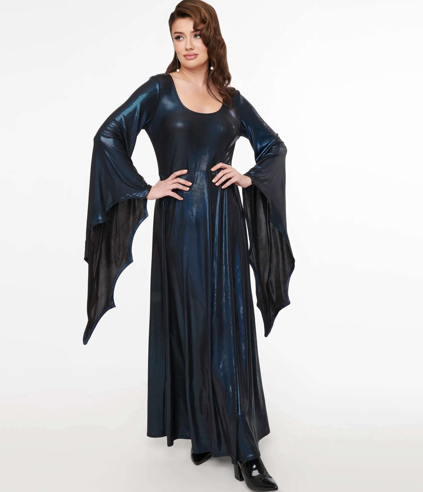 Unique Vintage Smak Parlour Y2K Iridescent Dark Blue Bat Wing Sleeve Maxi Dress Outlet
