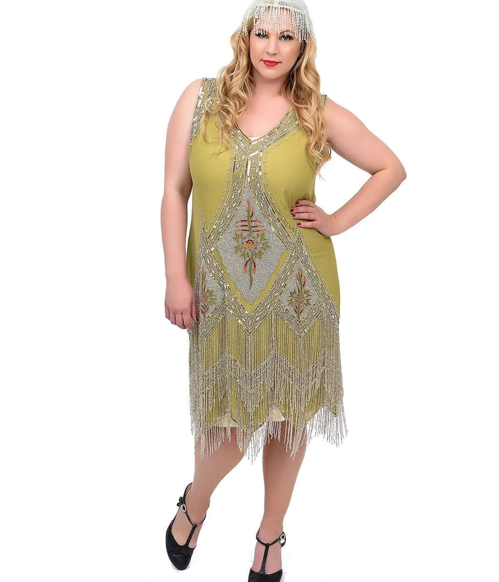 Unique Vintage Special Order - Plus Size 1920s Green & Silver Embroidered & Hand Beaded Somerset Flapper Dress Best Sale