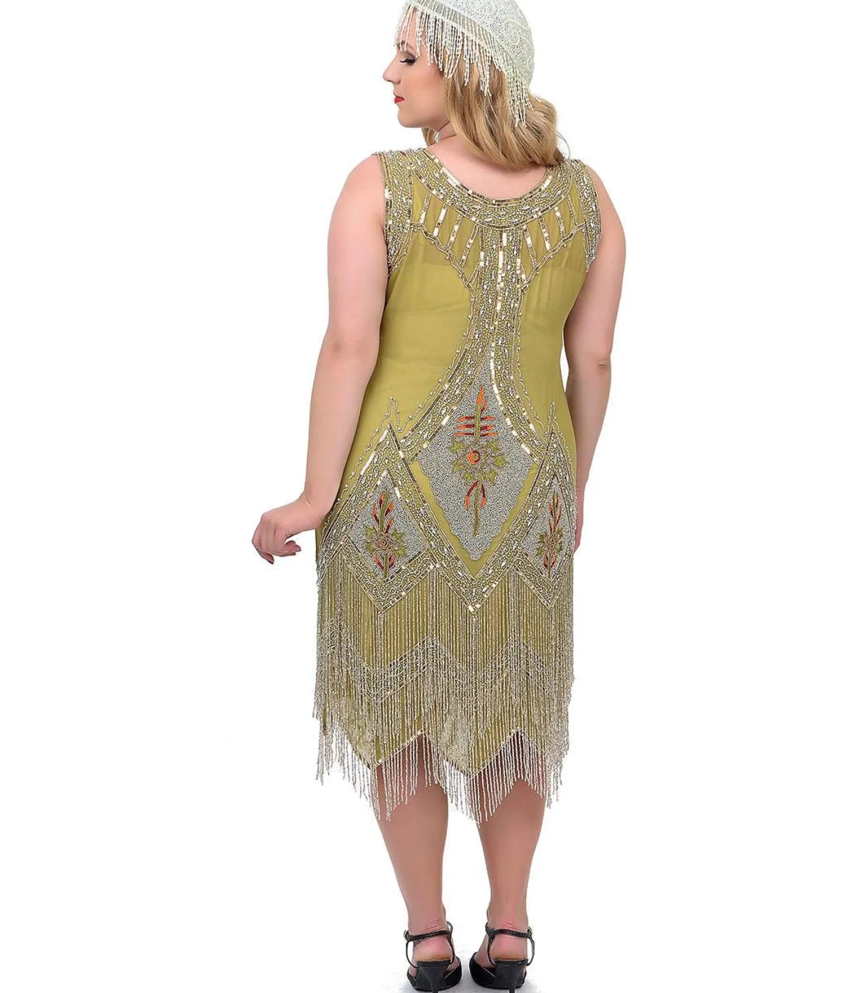 Unique Vintage Special Order - Plus Size 1920s Green & Silver Embroidered & Hand Beaded Somerset Flapper Dress Best Sale