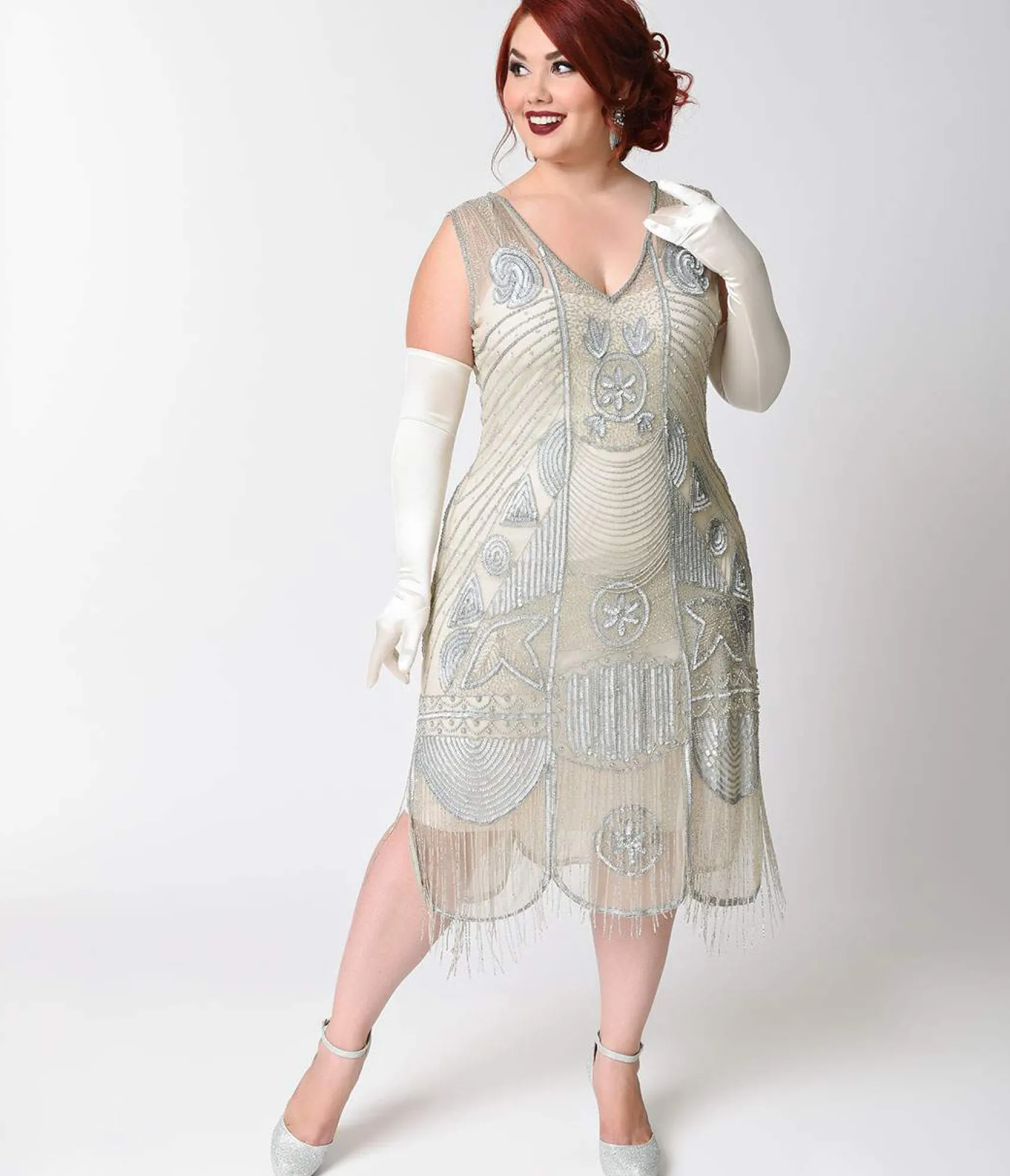 Unique Vintage Special Order - Plus Size 1920s Style Silver Hand Beaded Fringe Bosley Flapper Dress Online