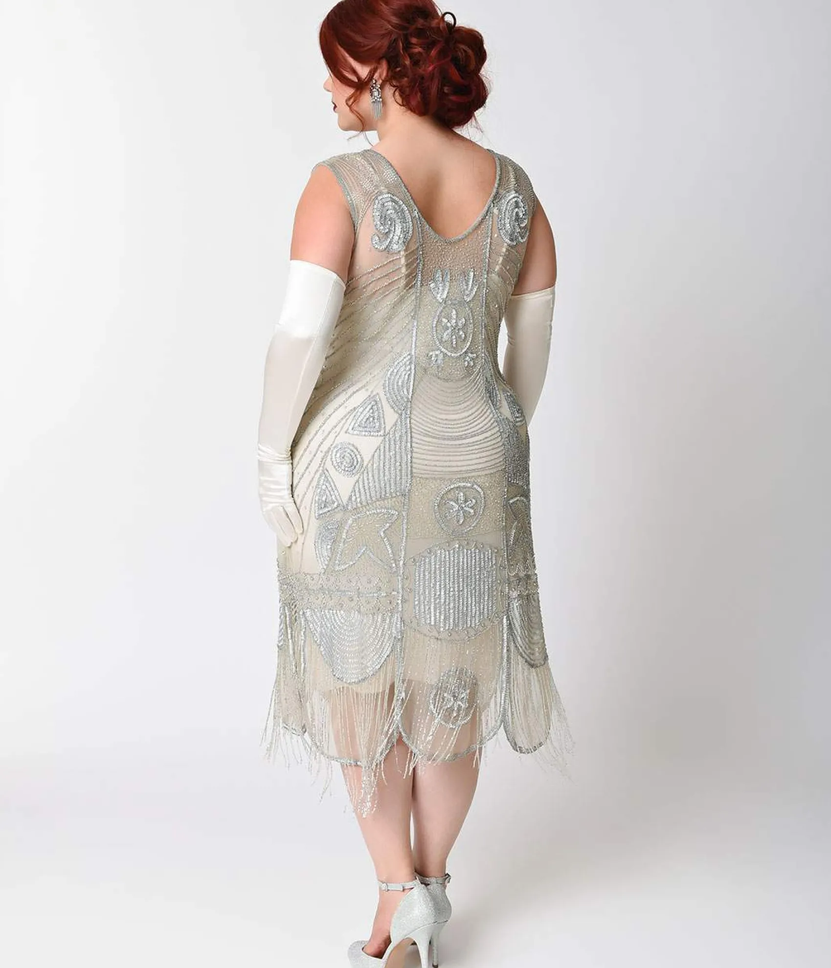 Unique Vintage Special Order - Plus Size 1920s Style Silver Hand Beaded Fringe Bosley Flapper Dress Online
