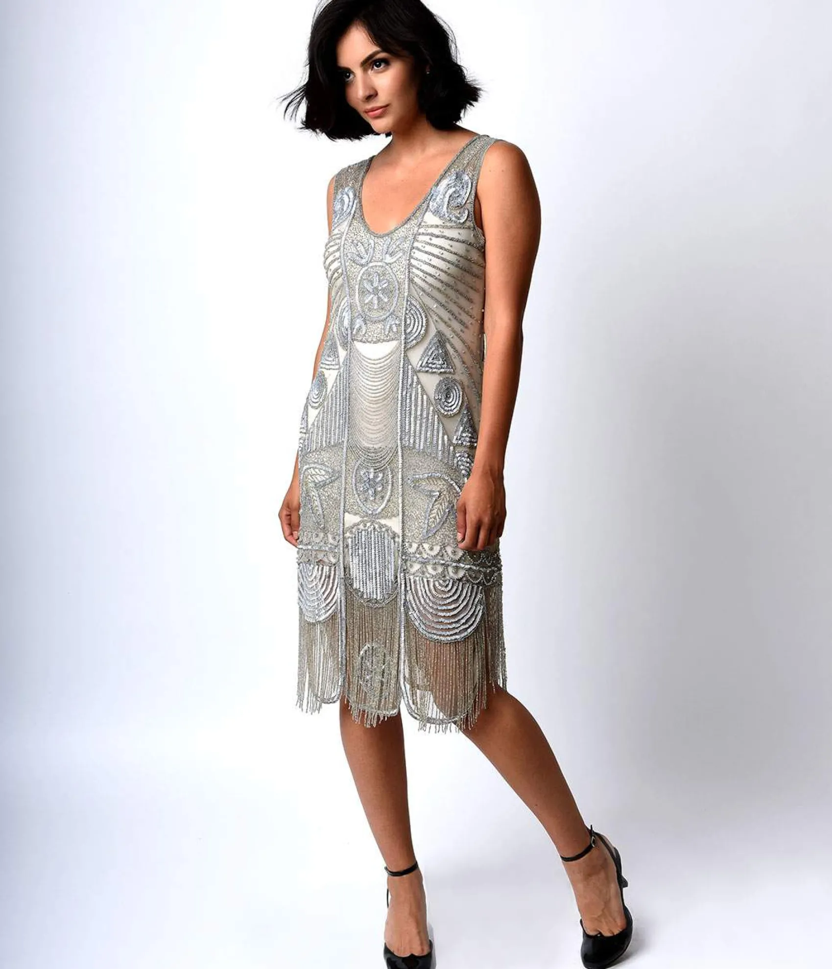 Unique Vintage Special Order - 1920s Style Silver Hand Beaded Fringe Bosley Flapper Dress Shop