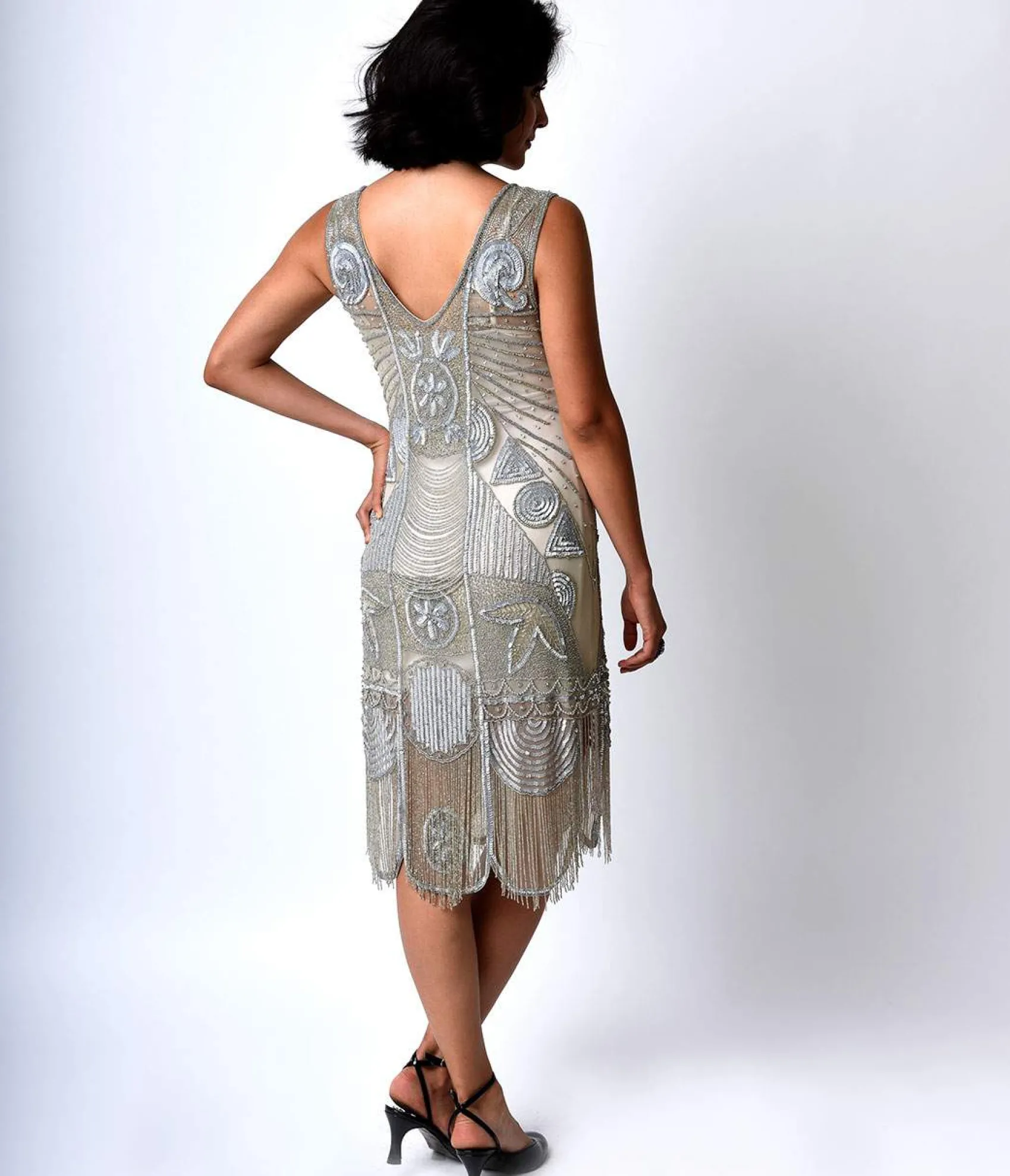 Unique Vintage Special Order - 1920s Style Silver Hand Beaded Fringe Bosley Flapper Dress Shop