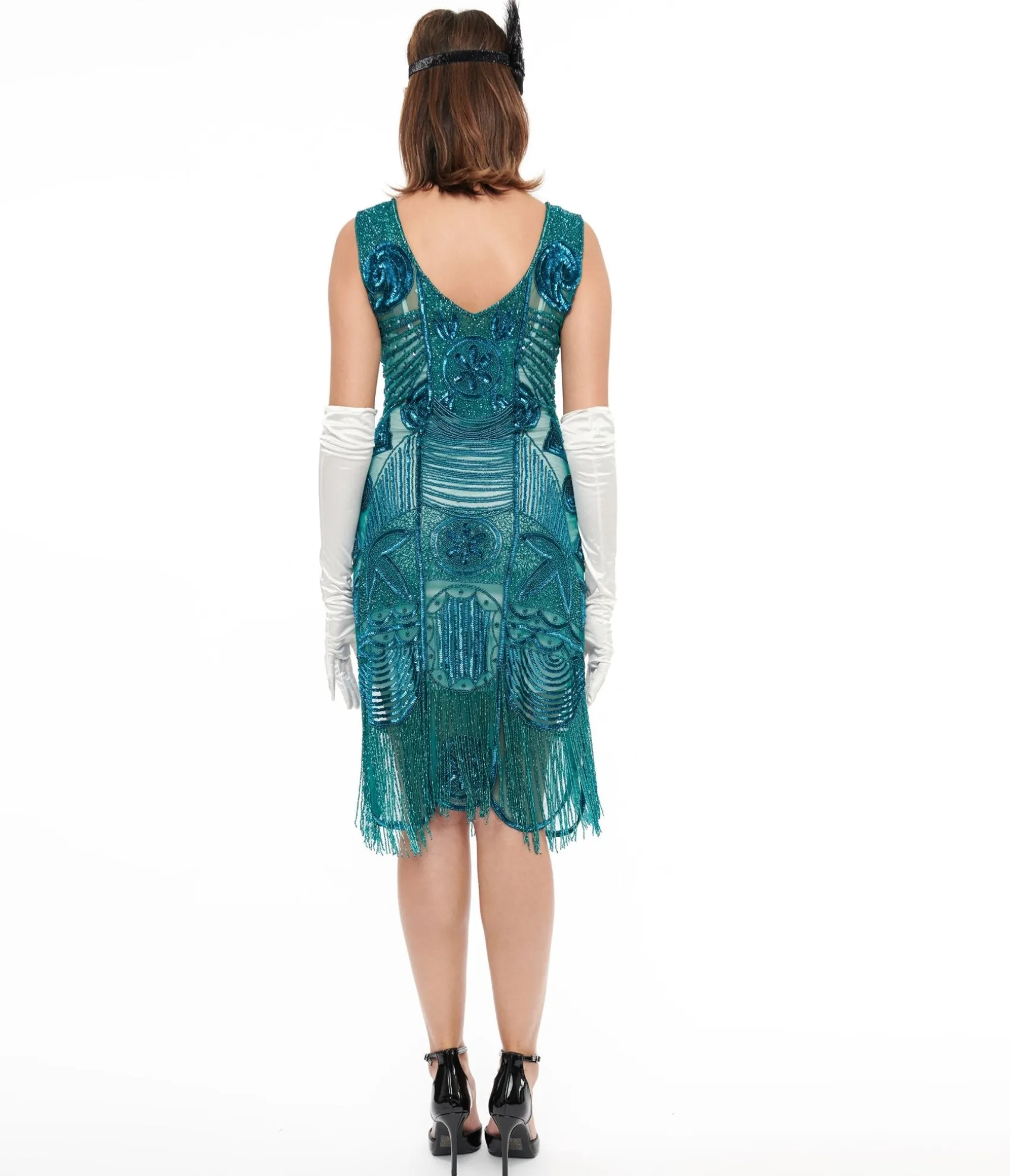 Unique Vintage Special Order - 1920s Style Teal Hand Beaded Fringe Bosley Flapper Dress Best